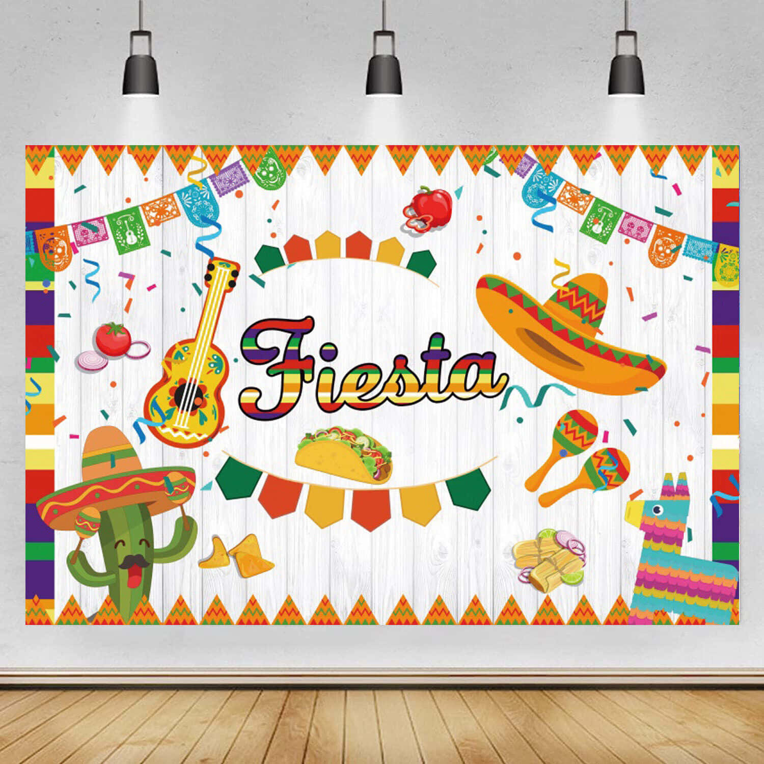 Fiesta 桌布 壁紙 — 以白色木牆為背景，色彩繽紛的墨西哥寬邊帽、吉他和皮納塔營造出充滿活力的墨西哥節慶背景。