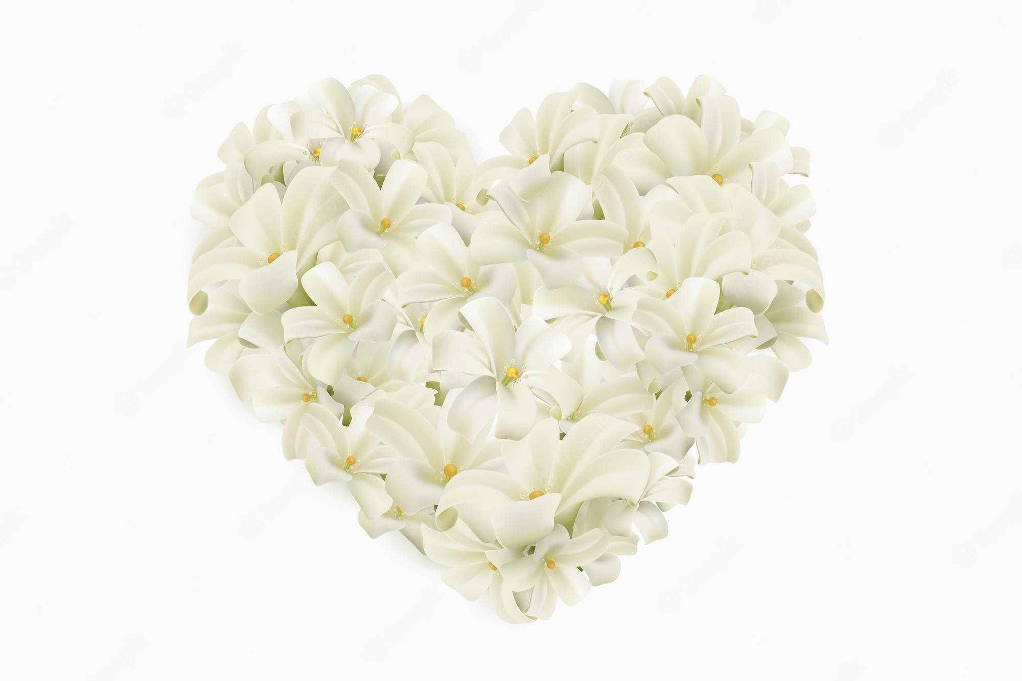 White Heart 桌布 壁紙 — 以白色百合花（黃色花心）排列成心形，背景為純白色。
