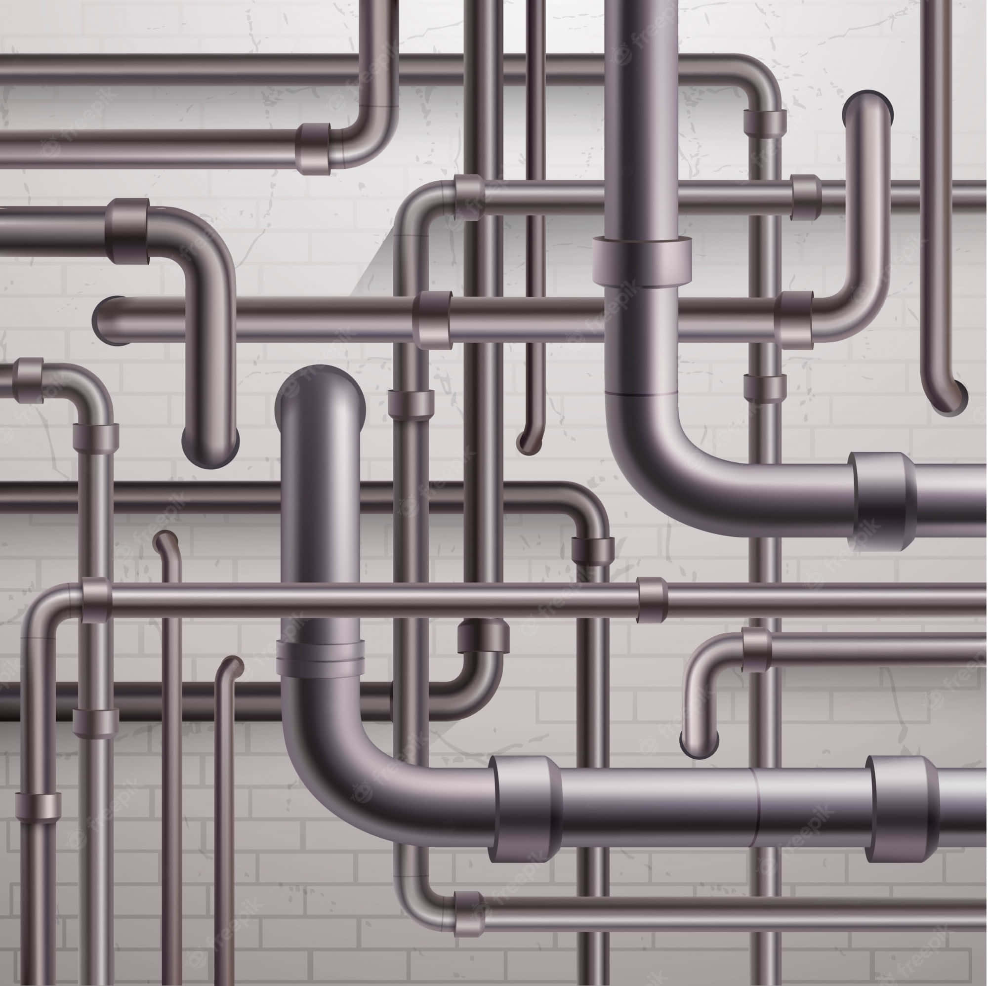 Plumbing 桌布 壁紙 — 以白色磚牆為背景的工業風格複雜金屬管道網絡。
