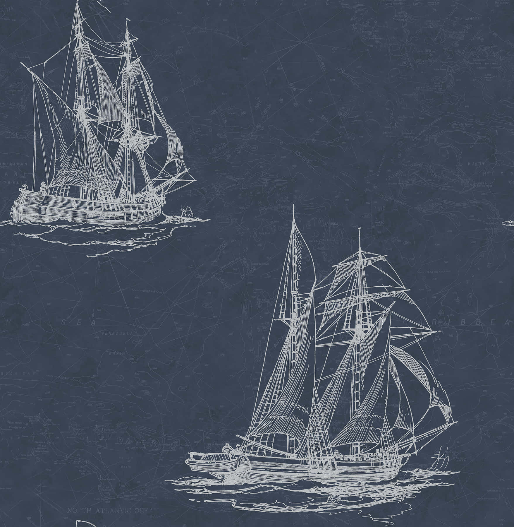 Nautical 桌布 壁紙 — 以白色線條藝術勾勒的復古航海船隻漂浮在帶有紋理的深藍色地圖背景上。