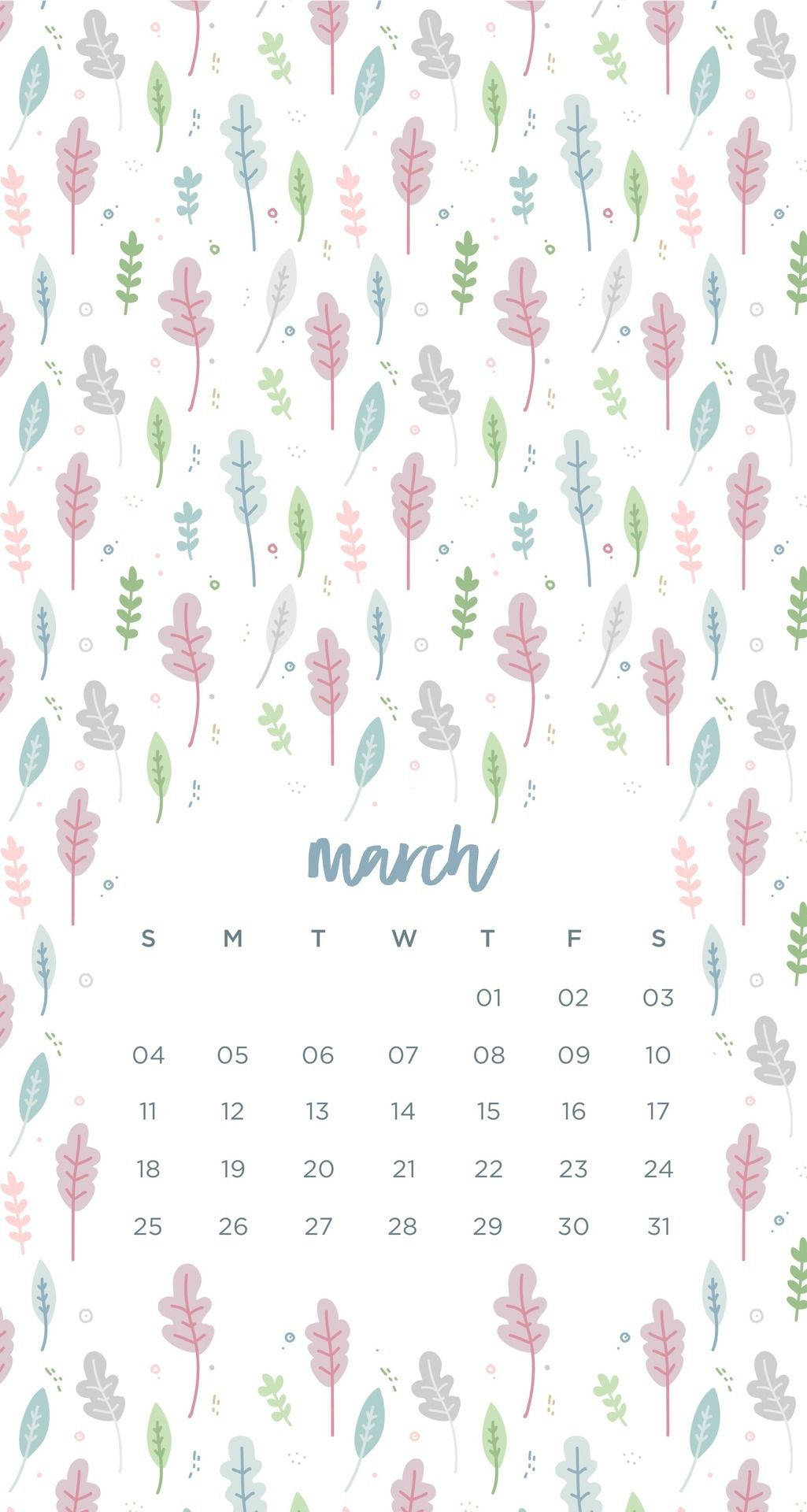 March 桌布 壁紙 — 以白色背景上散落的葉子插圖為特色的柔和色彩三月日曆桌布。