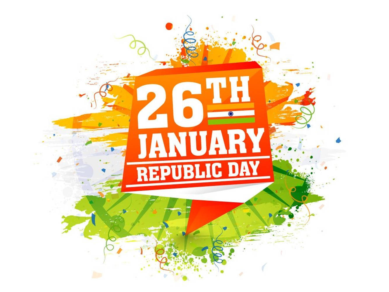 Republic Day 桌布 壁紙 — 以白色背景上的大膽橙色文字和彩色油漆飛濺來慶祝印度共和國的鮮豔圖形。