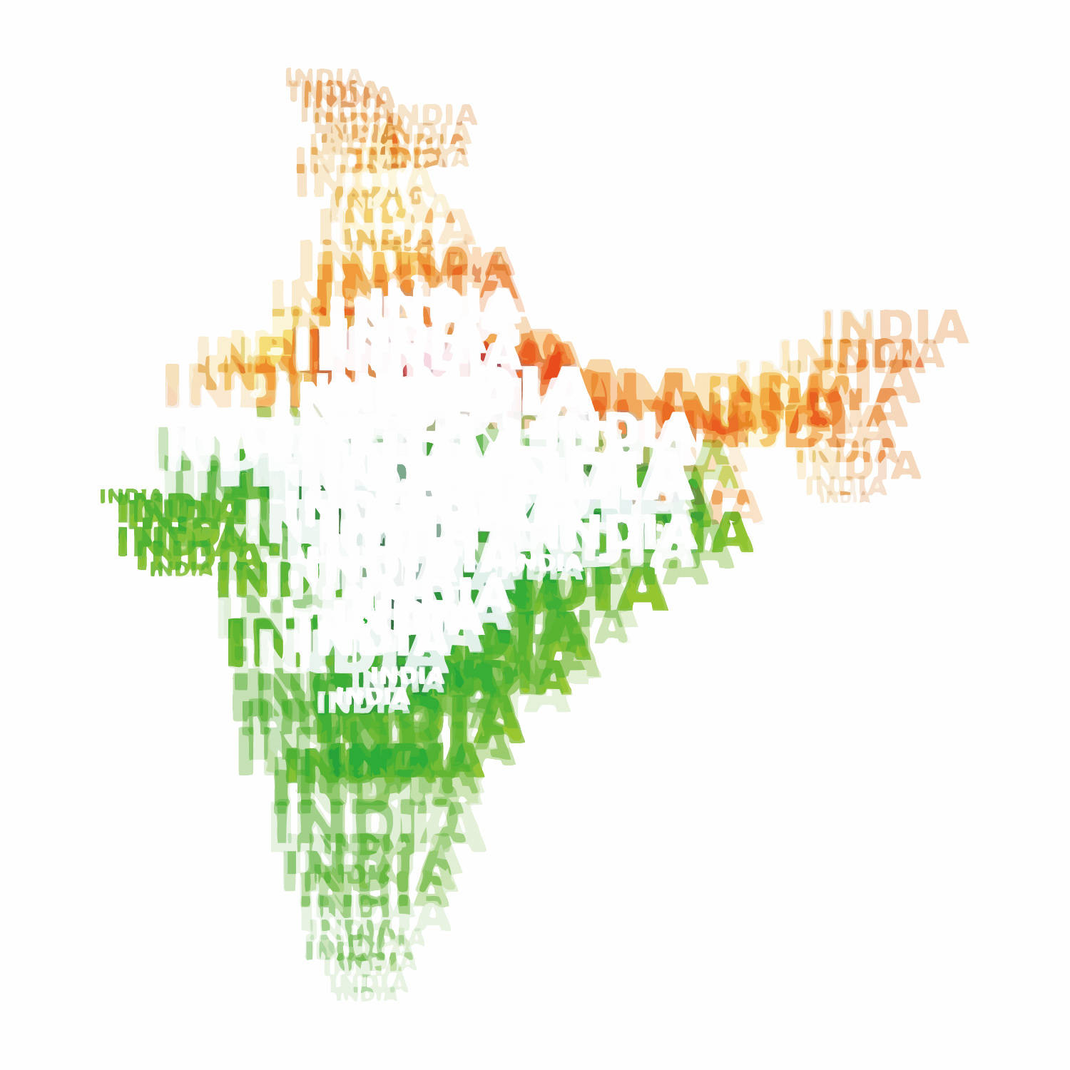 Map 桌布 壁紙 — 以白色背景上重複的「INDIA」字樣形成的印度地圖輪廓，顏色為藏紅花、白色和綠色。