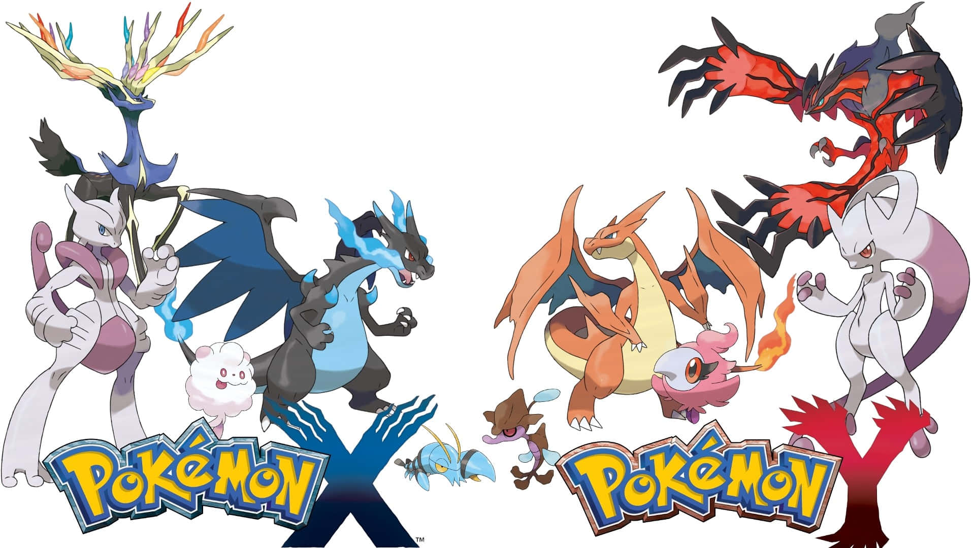 Mega Evolution 桌布 壁紙 — 以白色背景為襯托， featuring 傳說中的寶可夢如哲爾尼亞斯、伊裴爾塔爾和基格爾德的 Pokémon X 和 Y 遊戲封面。