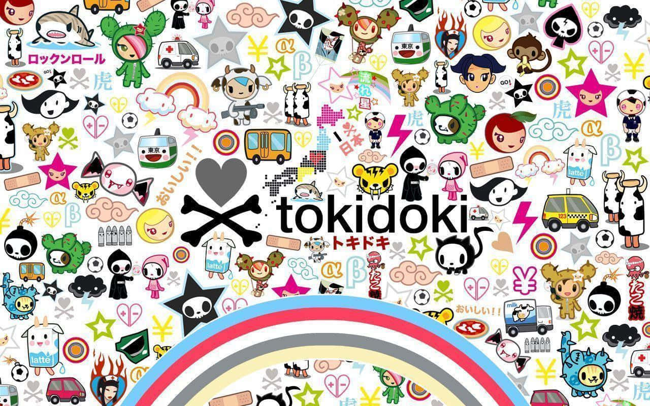 Cartoon 桌布 壁紙 — 以白色背景為襯托，Tokidoki 角色與符號的鮮豔拼貼畫。