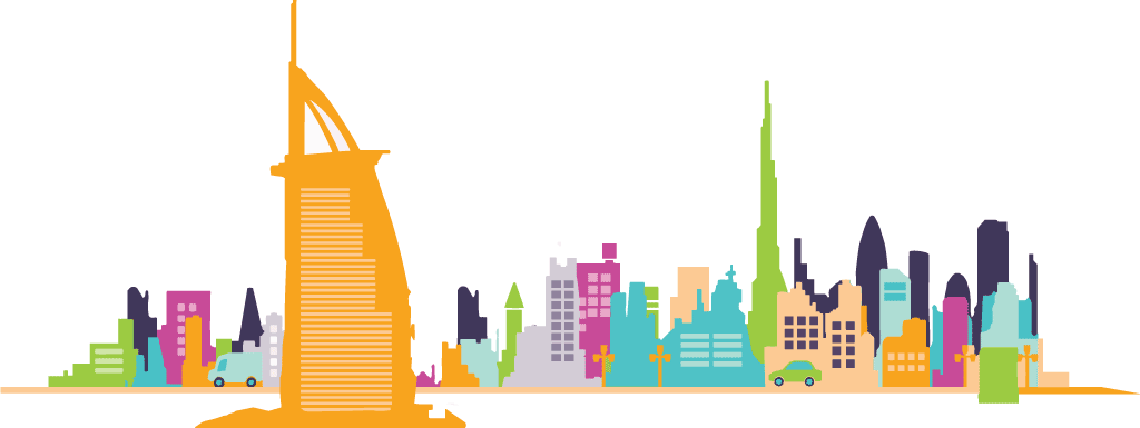 Clip Art 桌布 壁紙 — 以白色背景為襯托，呈現出包含帆船酒店及色彩繽紛的現代摩天大樓的充滿活力的風格化城市天際線。