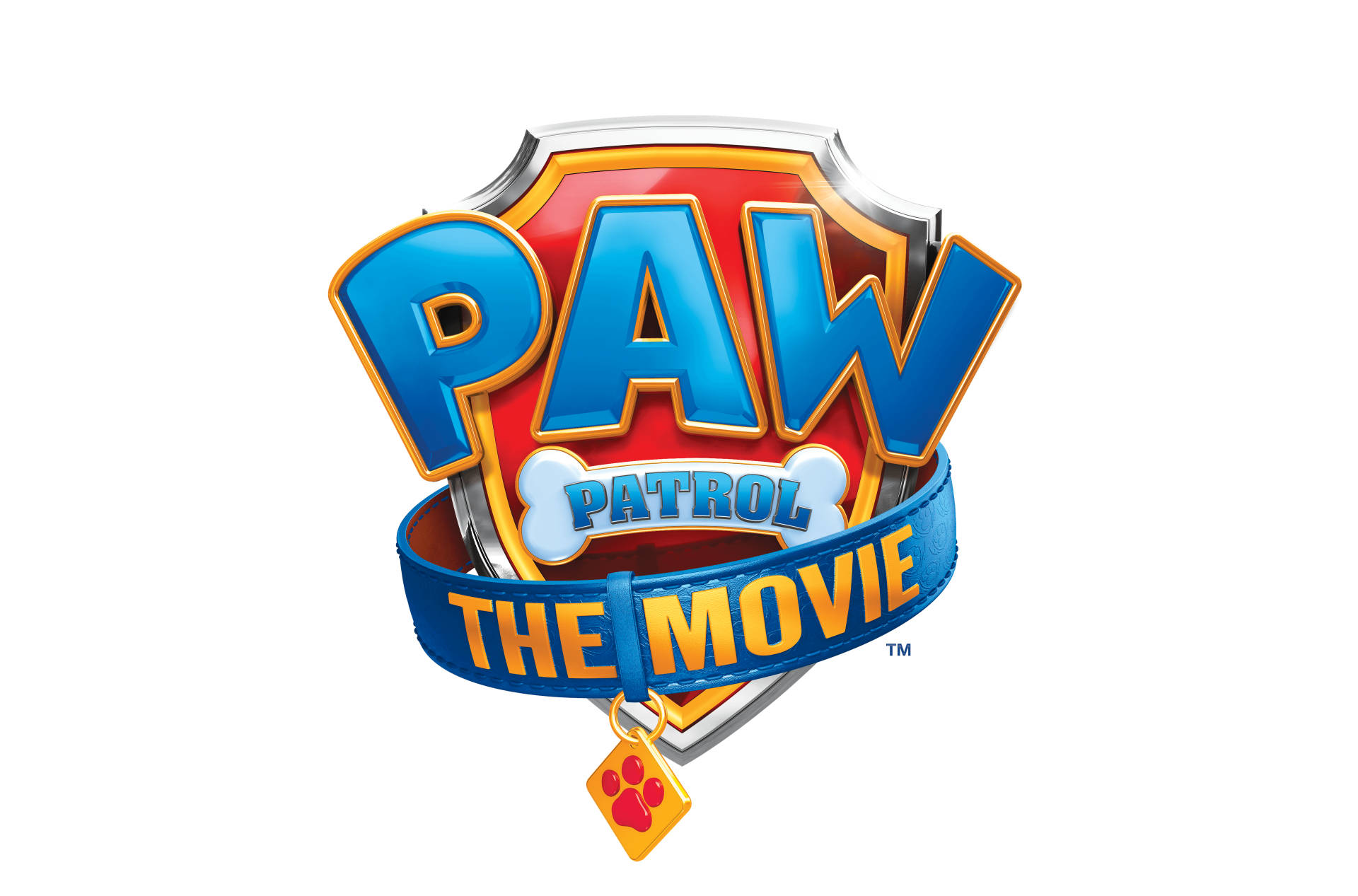 電影 桌布 壁紙 — 以白色背景襯托，色彩鮮豔的 3D 渲染 Paw Patrol 電影標誌，採用大膽的藍色、紅色和黃色。