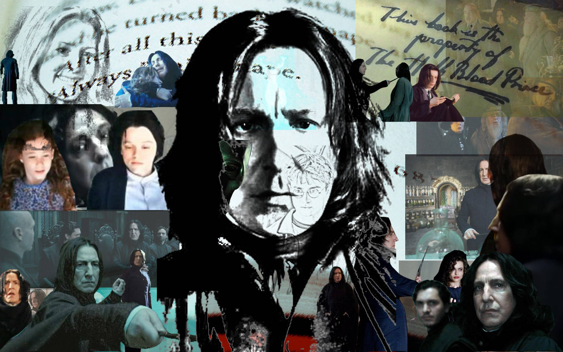 snape 桌布 壁紙 — 以石內卜為中心的哈利波特角色和語錄的暗色拼貼畫。