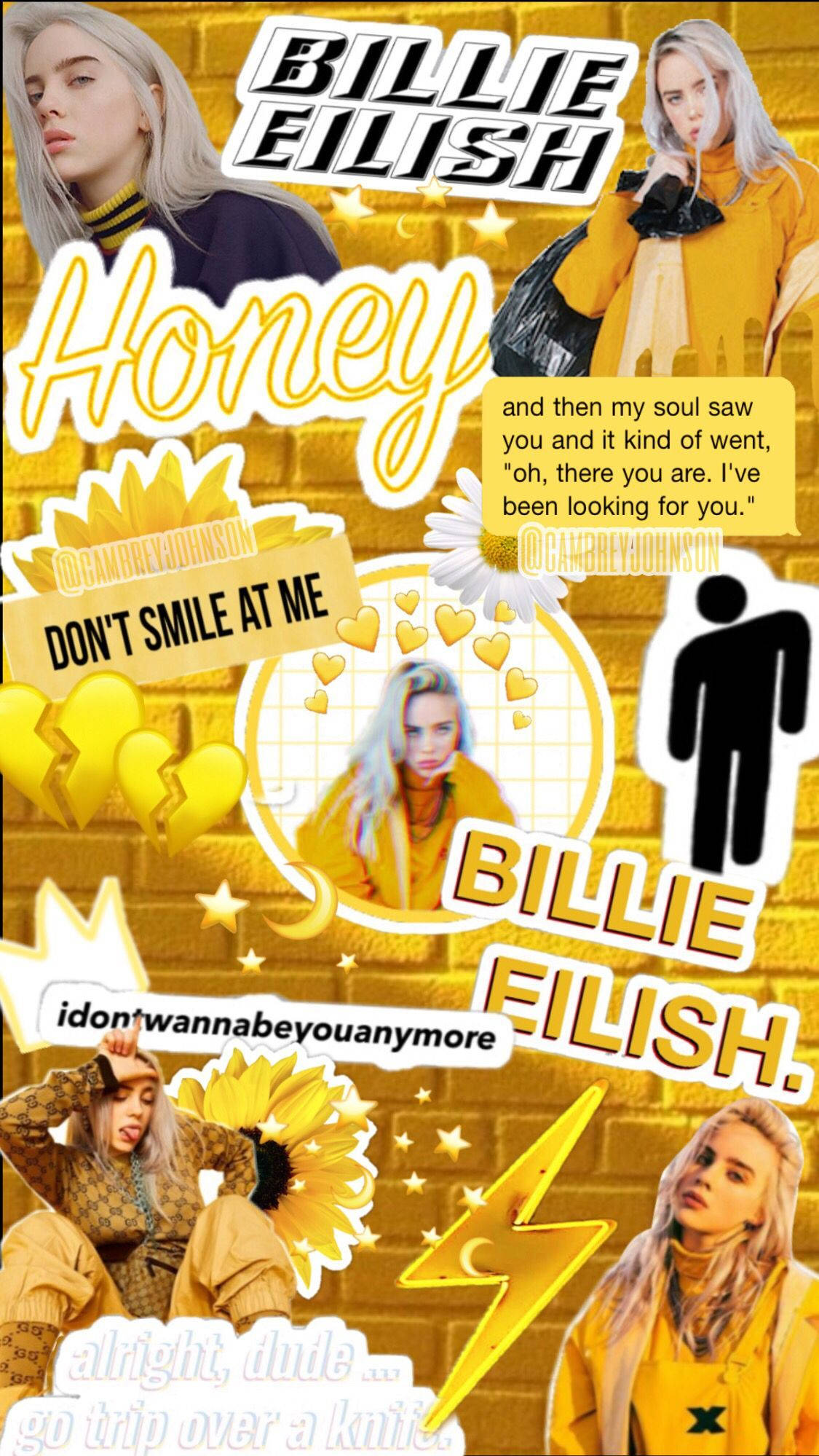 美學 桌布 壁紙 — 以磚牆為背景，以 Billie Eilish 為主角的鮮豔黃色主題拼貼畫，包含文字引言和向日葵圖案。