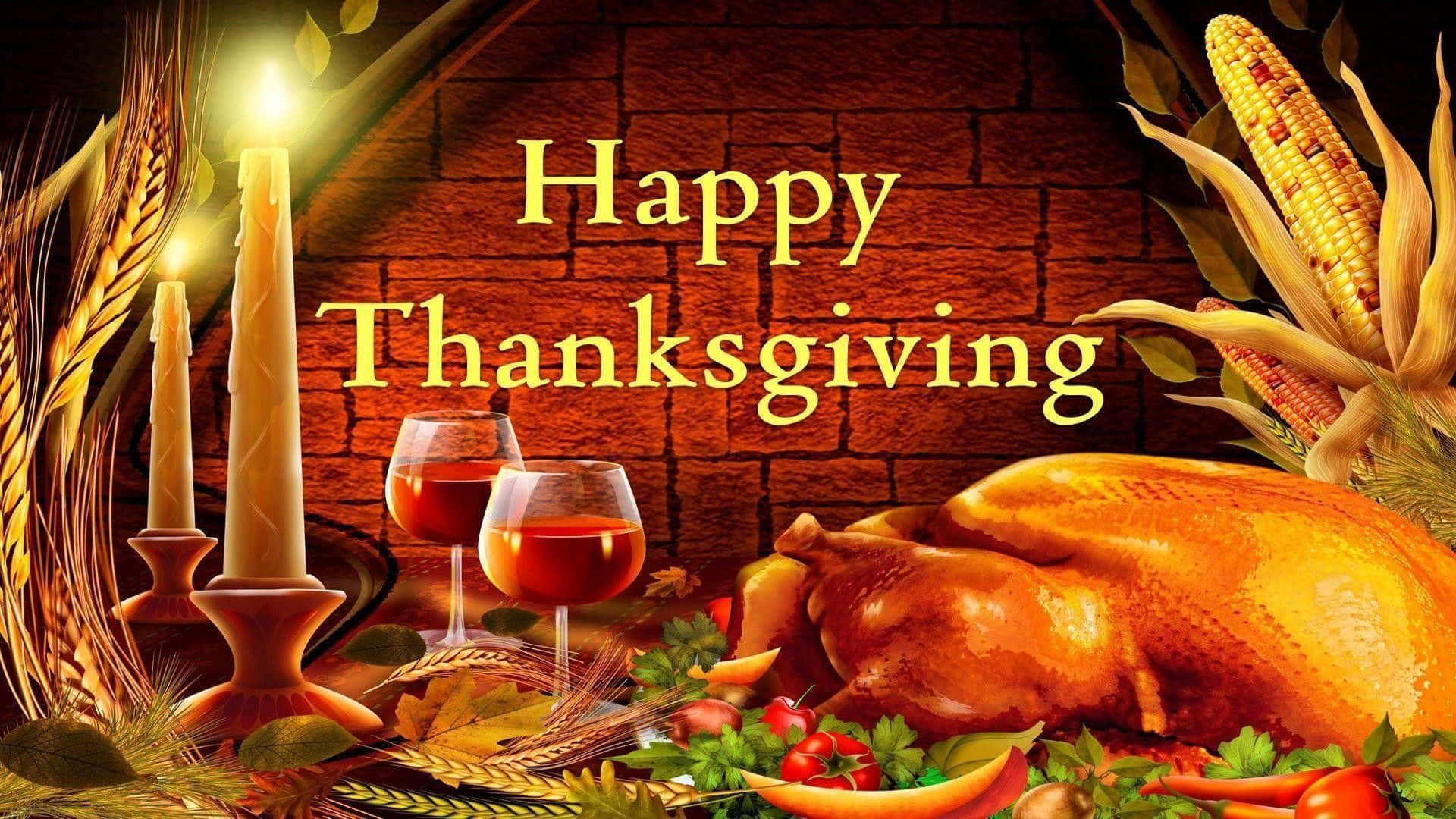 Happy Thanksgiving 桌布 壁紙 — 以磚牆為背景的感恩節盛宴，包括烤火雞、玉米、蠟燭和葡萄酒。