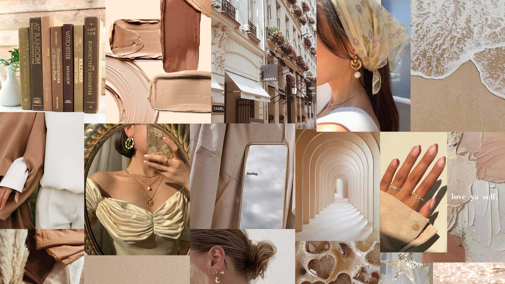 Aesthetic Collage Desktop 桌布 壁紙 — 以米色和棕色紋理為主的暖色調拼貼畫，展示書籍、時尚配件、建築和海浪。