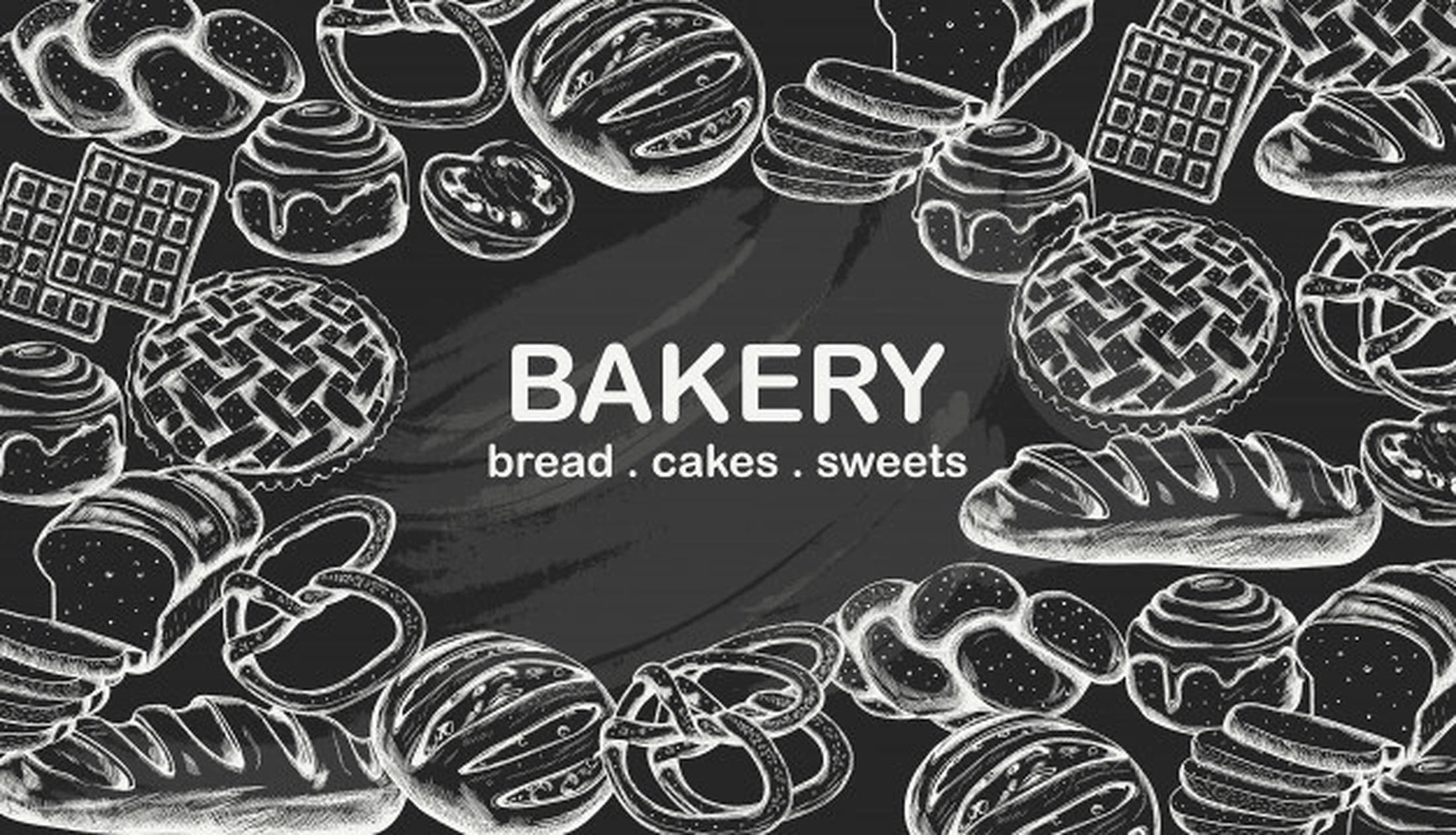 Bakery 桌布 壁紙 — 以粉筆風格繪製的插圖，在深色背景上將各種烘焙食品（如麵包、蛋糕和甜點）圍繞「BAKERY」一詞排列。