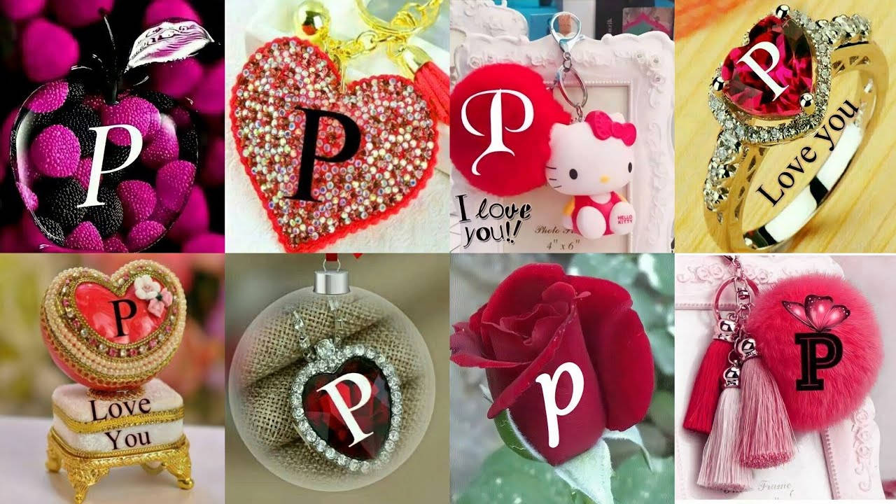 字母P 桌布 壁紙 — 以粉紅、紅和金色閃亮心形、玫瑰、戒指和裝飾品上帶有字母P的浪漫禮物拼貼畫。