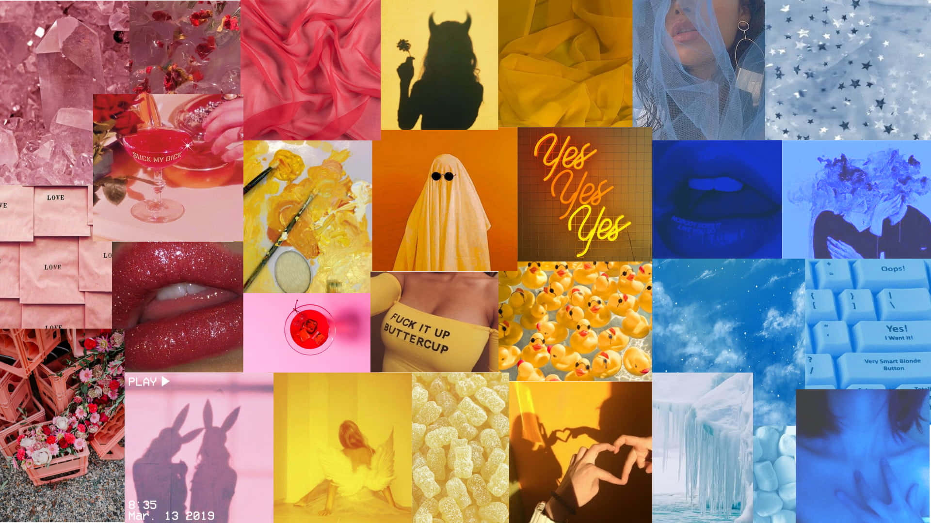 Pride Aesthetic 桌布 壁紙 — 以粉紅、黃色和藍色為主題的鮮豔拼貼畫，特色包括嘴唇、鬼魂、橡膠鴨子和閃亮質感。