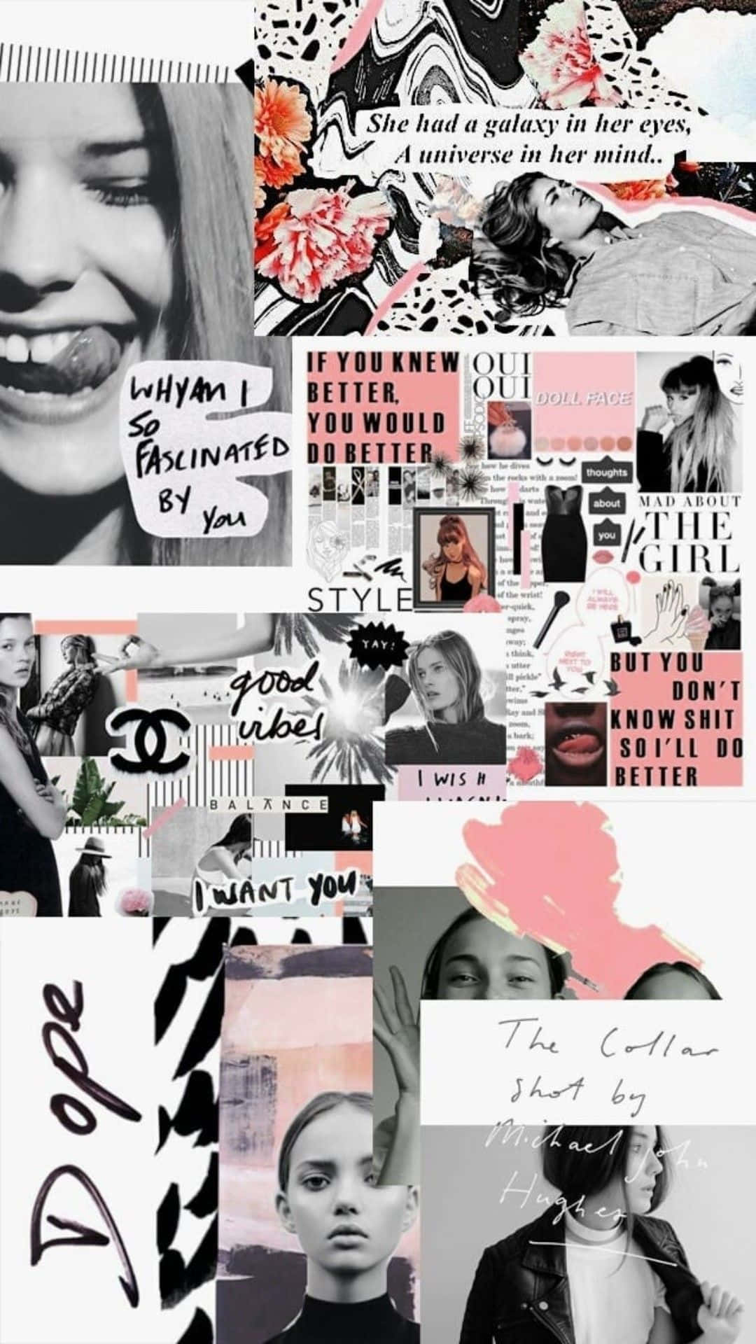 Black And White Collage 桌布 壁紙 — 以粉紅、黑色和白色呈現的時尚語錄、名人照片和粗體字型的鮮明拼貼畫。