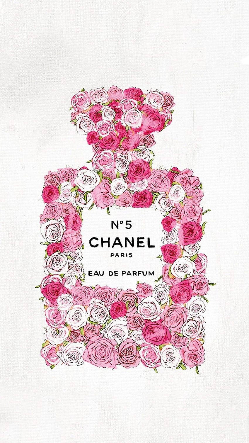 Chanel 桌布 壁紙 — 以粉紅和白色玫瑰製成的Chanel No5香水瓶剪影，置於有紋理的米白色布料上。