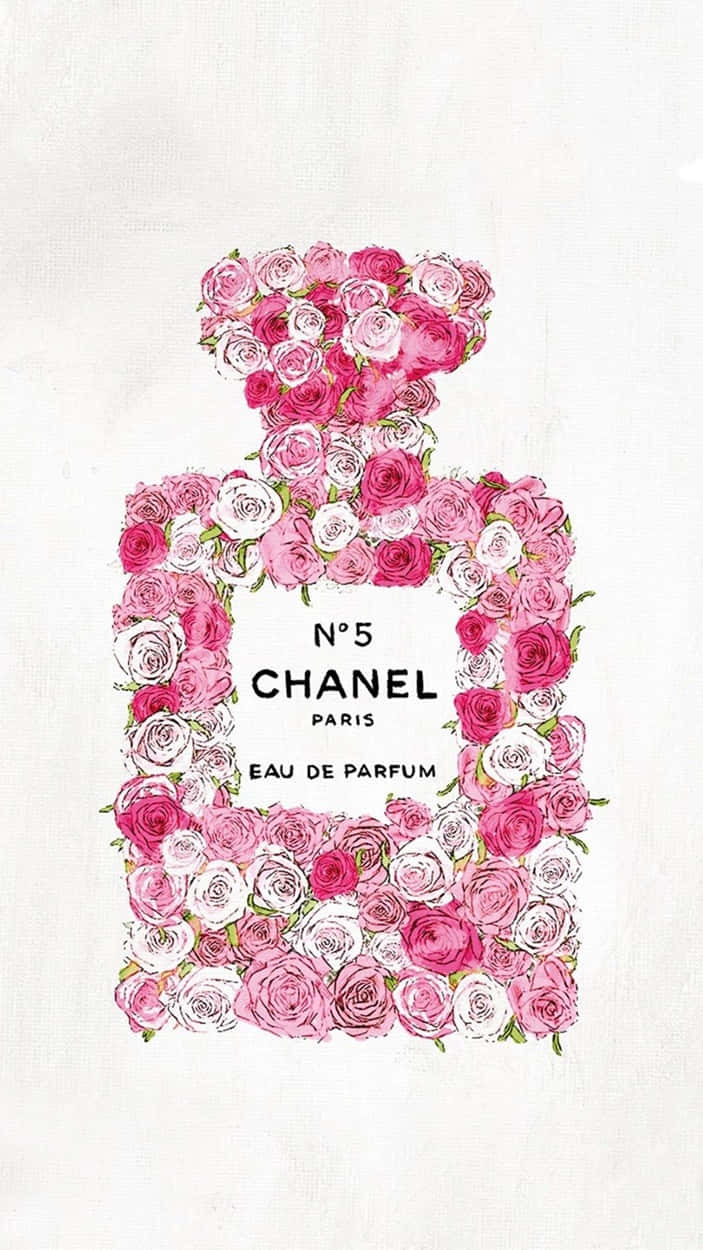 Chanel Aesthetic 桌布 壁紙 — 以粉紅和白色玫瑰製成的Chanel No 5香水瓶剪影，置於有紋理的米白色背景上。