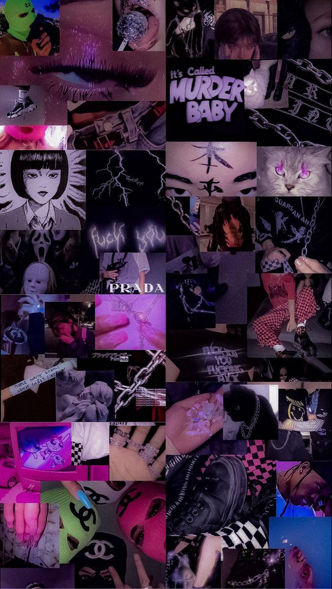 Grunge Emo Aesthetic 桌布 壁紙 — 以粉紅和紫色調為特色的暗黑龐克哥德風格拼貼，包含面具、鎖鏈、紋身和粗體文字。