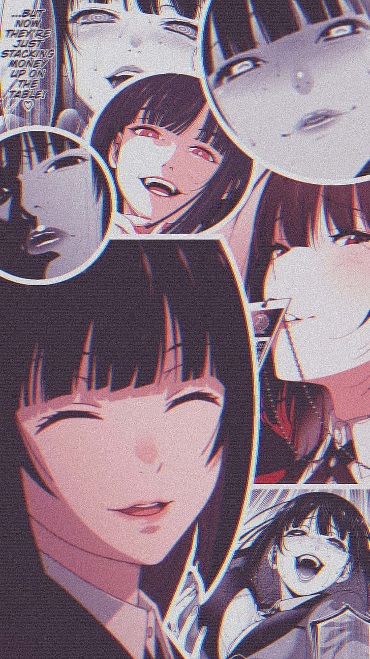 Yumeko 桌布 壁紙 — 以粉紅和紫色調的漫畫面板風格，拼貼出表情強烈的動漫角色。