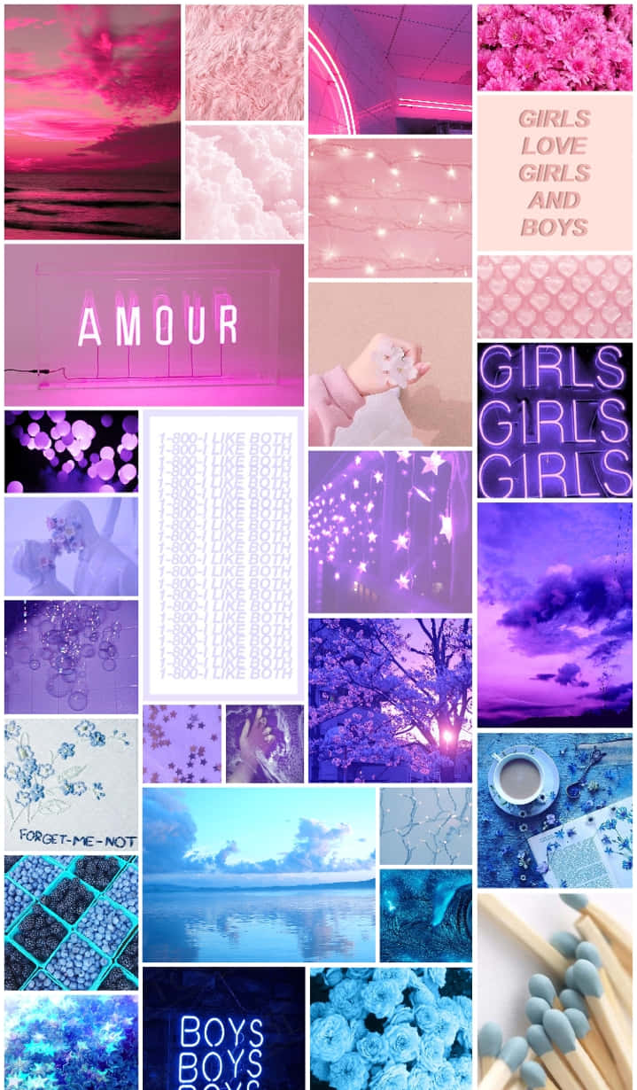 Soft Girl Aesthetic 桌布 壁紙 — 以粉紅色、紫色和藍色為主題的鮮明拼貼畫，特色包括霓虹燈牌、浪漫文字、花卉圖案和夢幻天空。