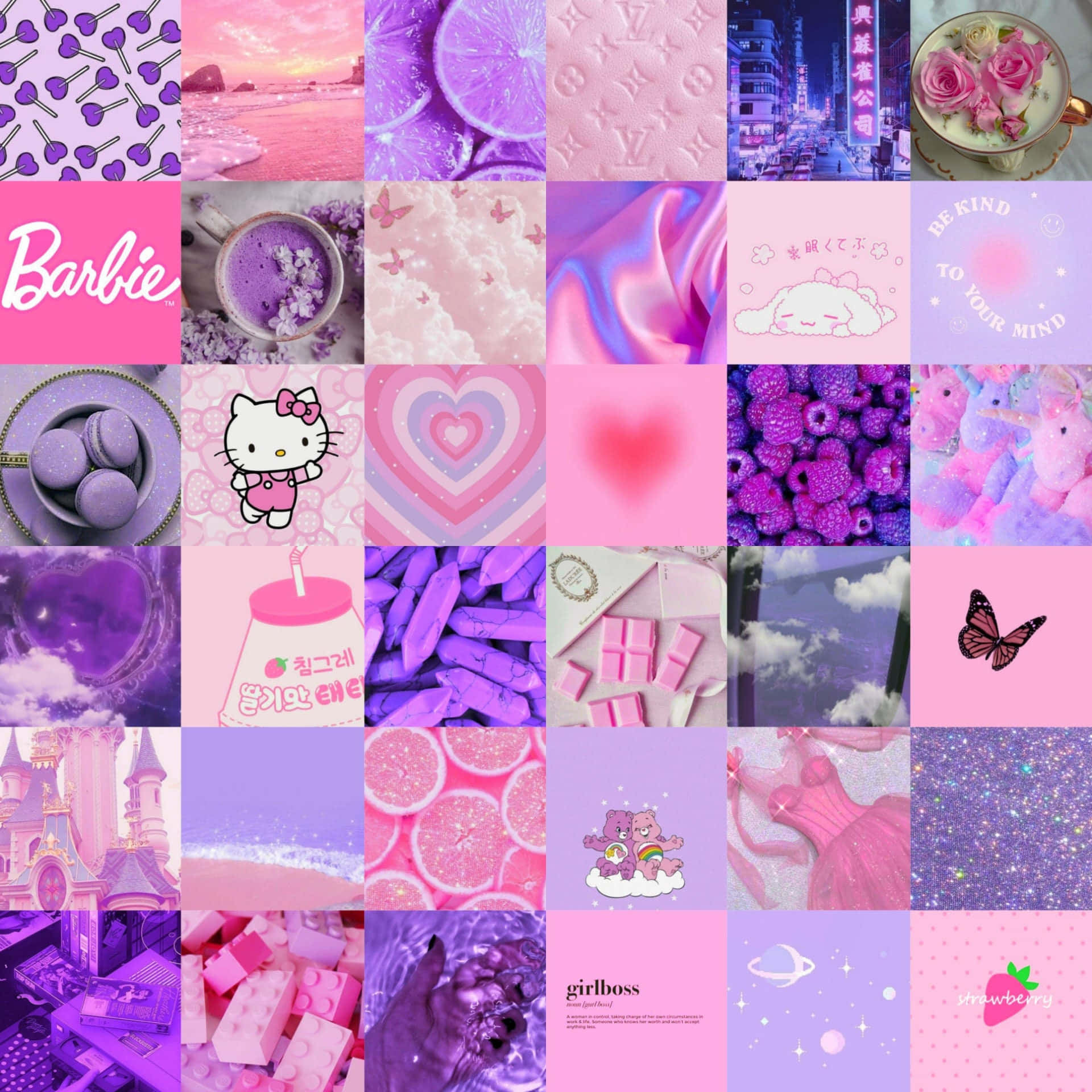 Barbie Logo 桌布 壁紙 — 以粉紅色和紫色為主題的拼貼畫，包含 Hello Kitty Barbie 和甜點。