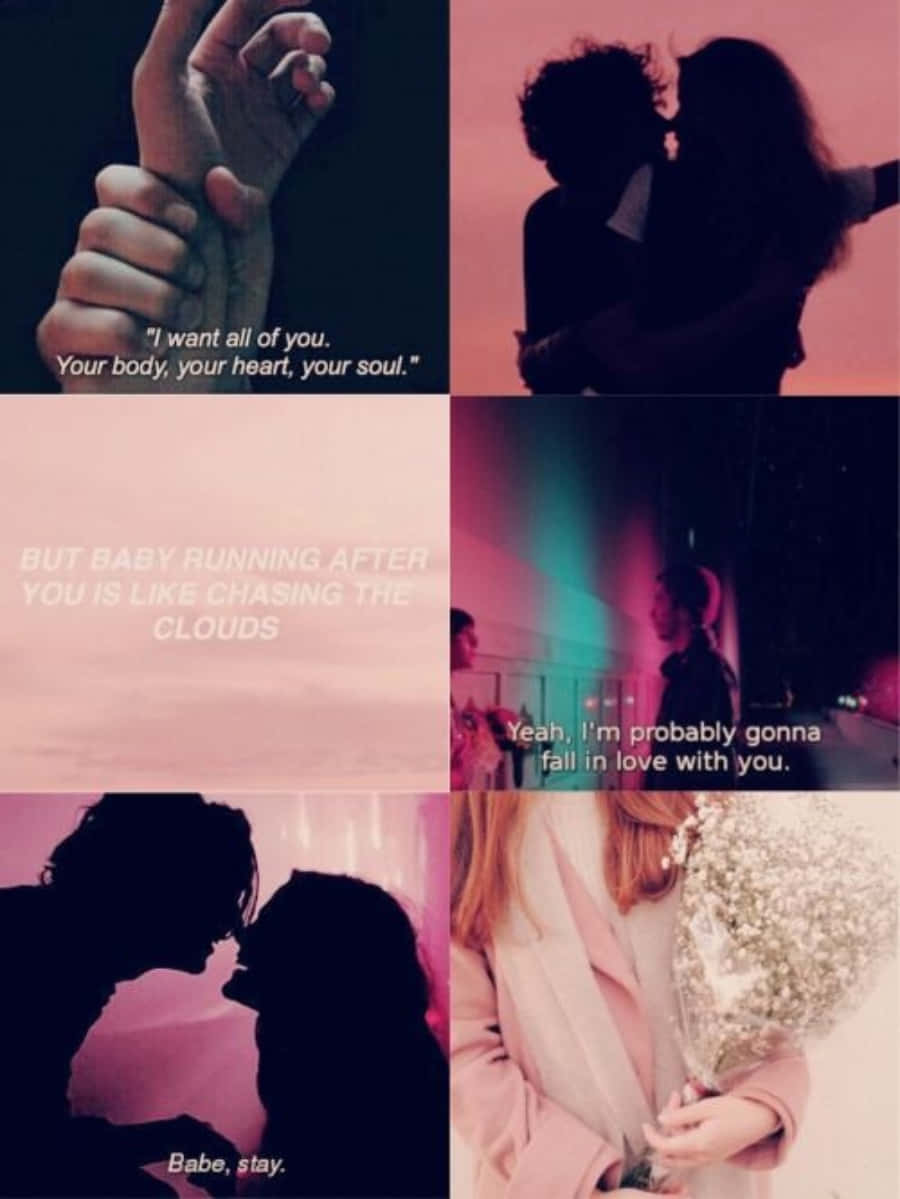 Falling In Love 桌布 壁紙 — 以粉紅色和紫色色調呈現親密時刻的浪漫拼貼， featuring 接吻剪影、牽手和手持花束的女性。
