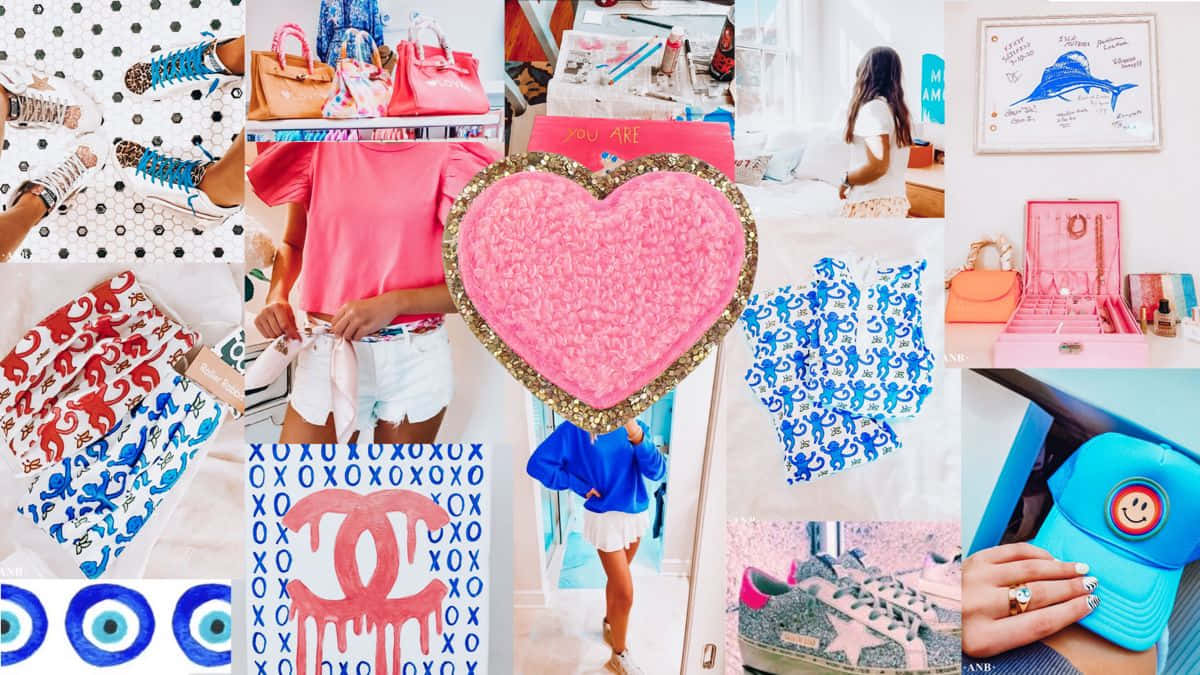 Preppy Laptop 桌布 壁紙 — 以粉紅色和藍色時尚物品、配飾和圖案組成的充滿活力的拼貼畫，以俏皮年輕的風格排列。