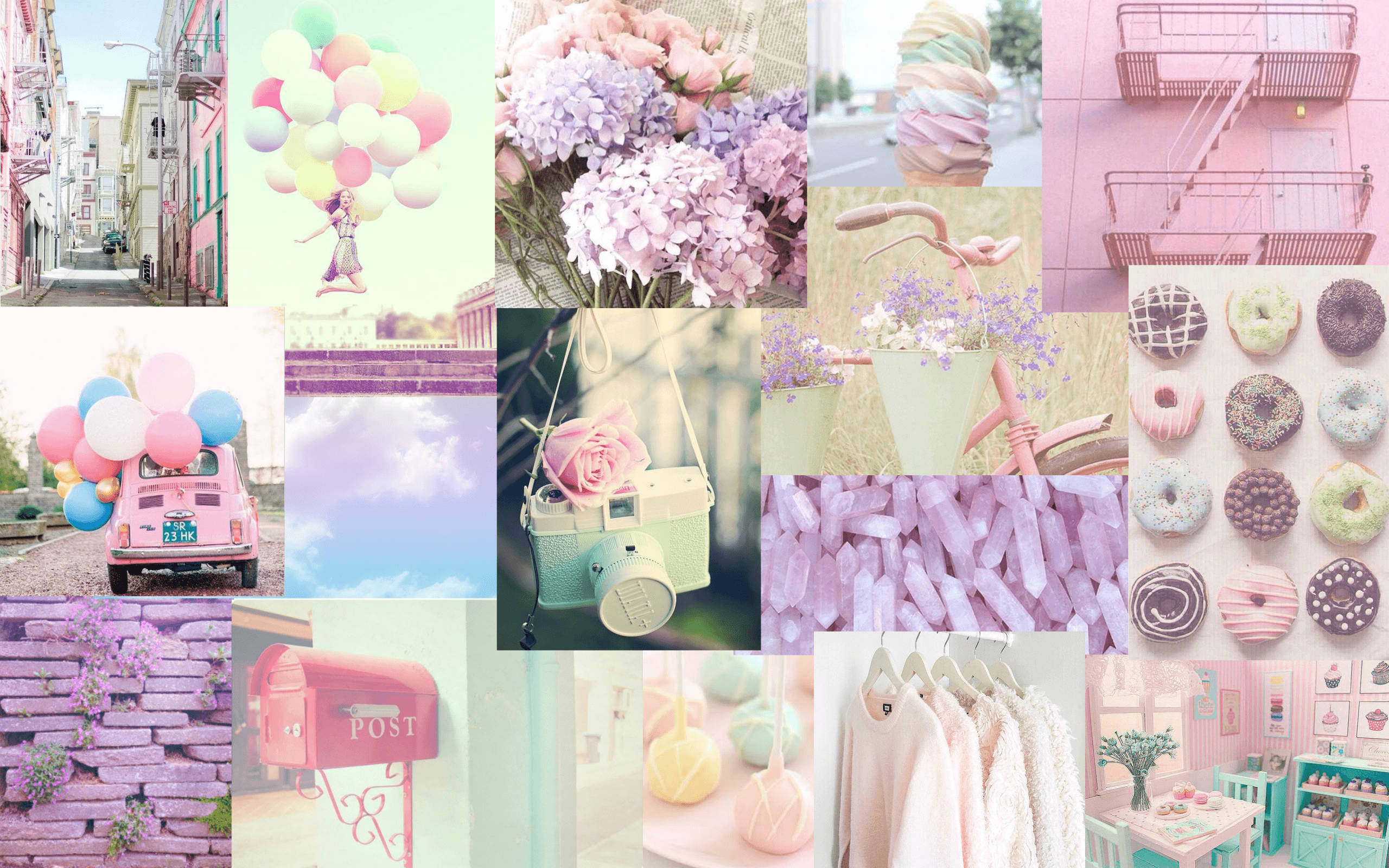 Spring Aesthetic 桌布 壁紙 — 以粉紅色建築物、氣球、繡球花、甜甜圈和復古相機組成的柔和色調拼貼，呈現夢幻美學。