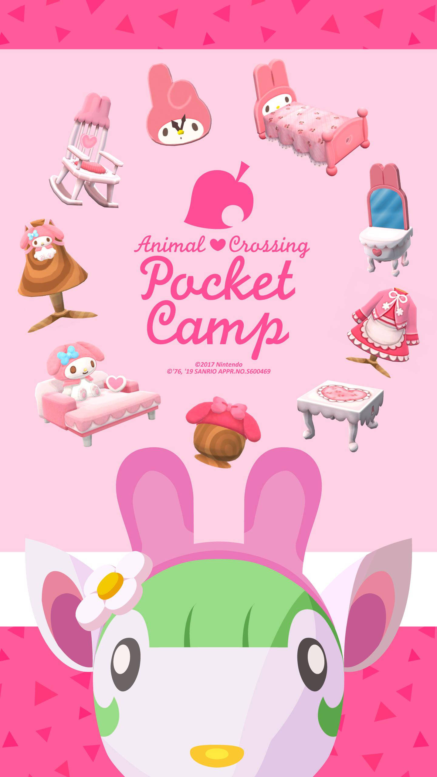 動物森友會 桌布 壁紙 — 以粉紅色為主題的Animal Crossing Pocket Camp桌布，My Melody家具和角色在圖案背景上。
