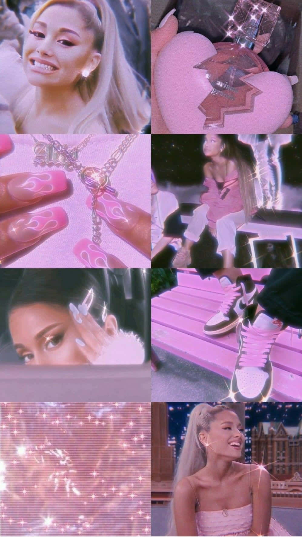 Aesthetic Ariana Grande 桌布 壁紙 — 以粉紅色為主題的充滿活力的拼貼畫， featuring Ariana Grande 以各種華麗姿勢搭配閃亮配飾和閃爍效果。