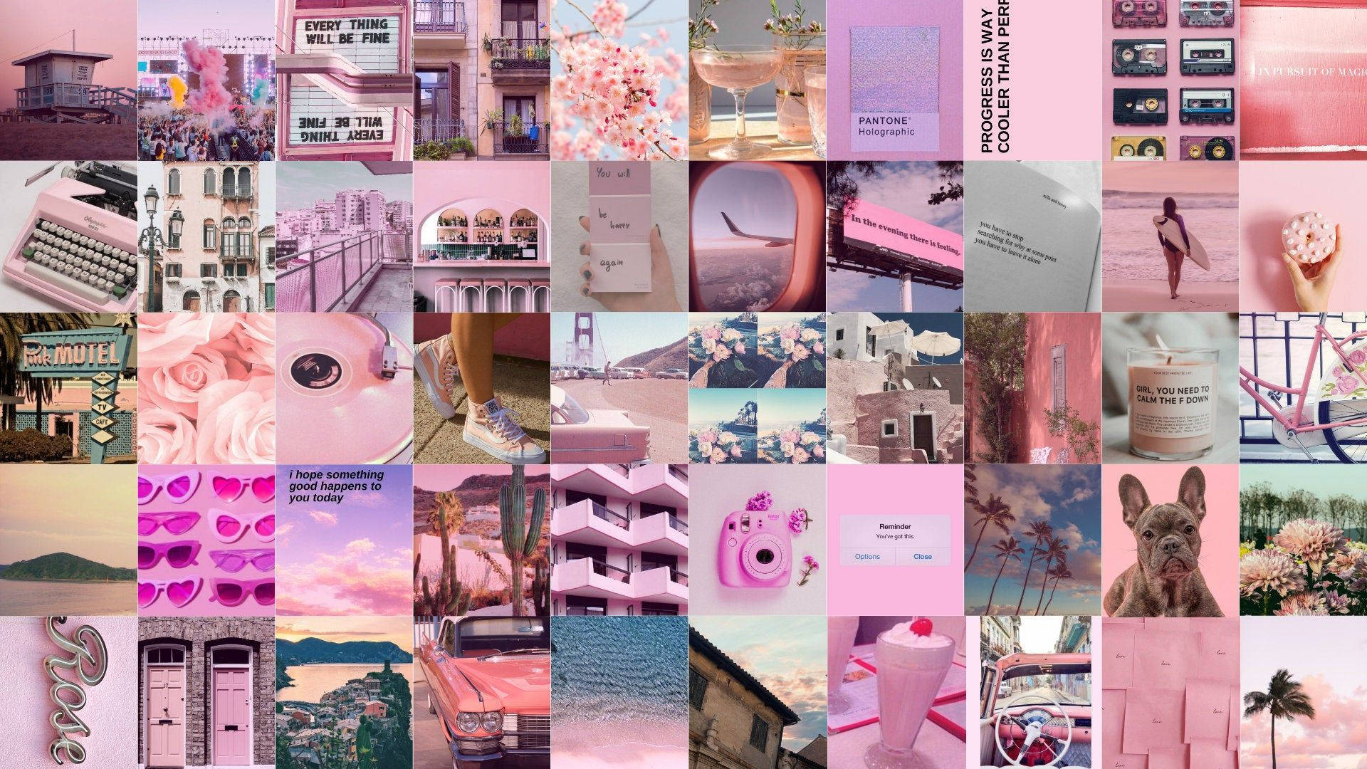 girly pink aesthetic 桌布 壁紙 — 以粉紅色為主題的充滿活力的拼貼畫， featuring 復古汽車、櫻花、衝浪板和復古物品，呈現夢幻美感。