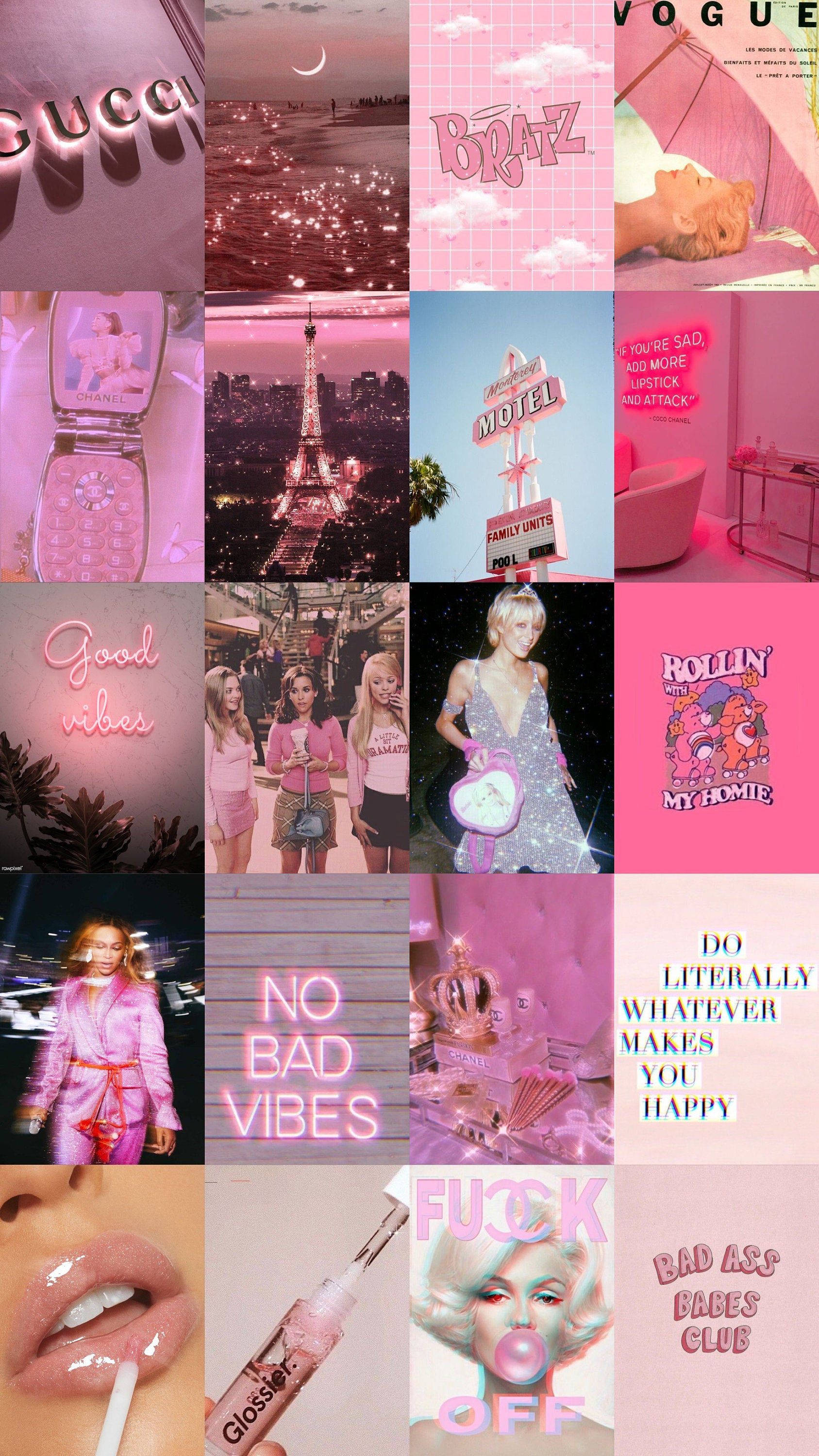 girly pink aesthetic 桌布 壁紙 — 以粉紅色為主題的充滿活力的拼貼畫，展現時尚偶像、復古科技、巴黎之夜以及大膽而賦予力量的標語，呈現懷舊美學。