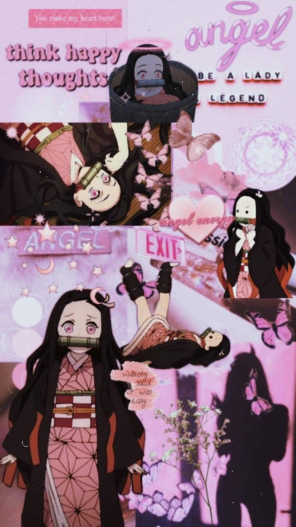 Collage 桌布 壁紙 — 以粉紅色為主題的動漫拼貼畫， featuring 一個戴著口罩、穿著和服的女孩，周圍有蝴蝶和勵志文字疊加。