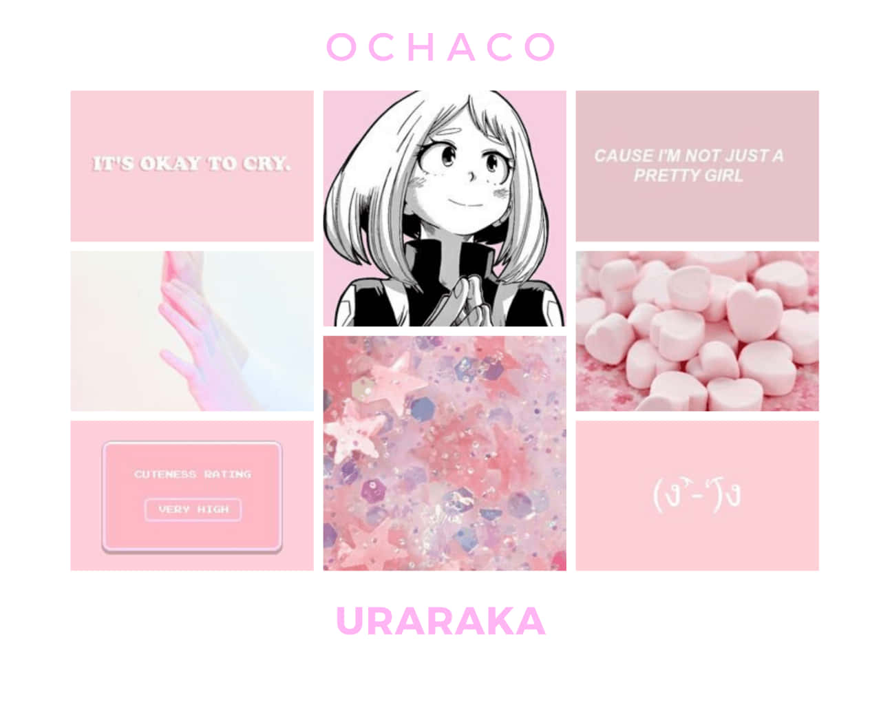 我的英雄學院 桌布 壁紙 — 以粉紅色為主題的拼貼畫， featuring 動漫角色 Ochaco Uraraka，包含文字面板、心形棉花糖和閃閃發光的星星紙屑。