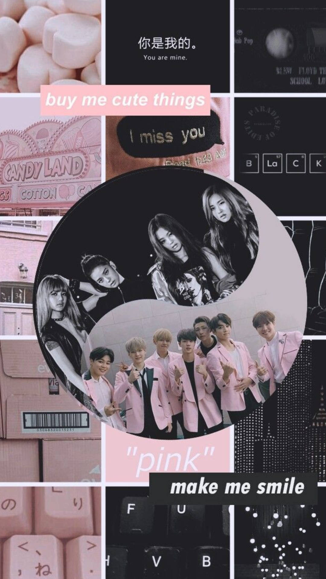BTS 和 BLACKPINK 桌布 壁紙 — 以粉紅色為主題的拼貼畫，包含K-pop偶像、糖果圖案和浪漫文字疊加，呈現年輕美學。
