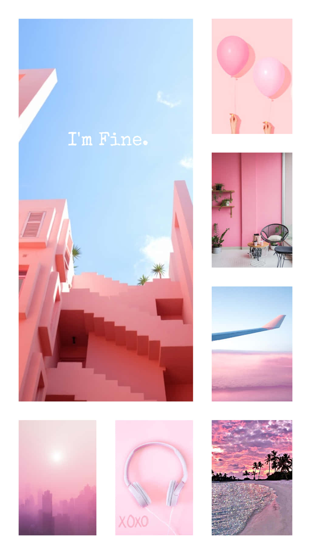 Aesthetic Light Pink 桌布 壁紙 — 以粉紅色為主題的拼貼畫，包括建築物、氣球、耳機和沙灘日落，背景是柔和粉彩天空。