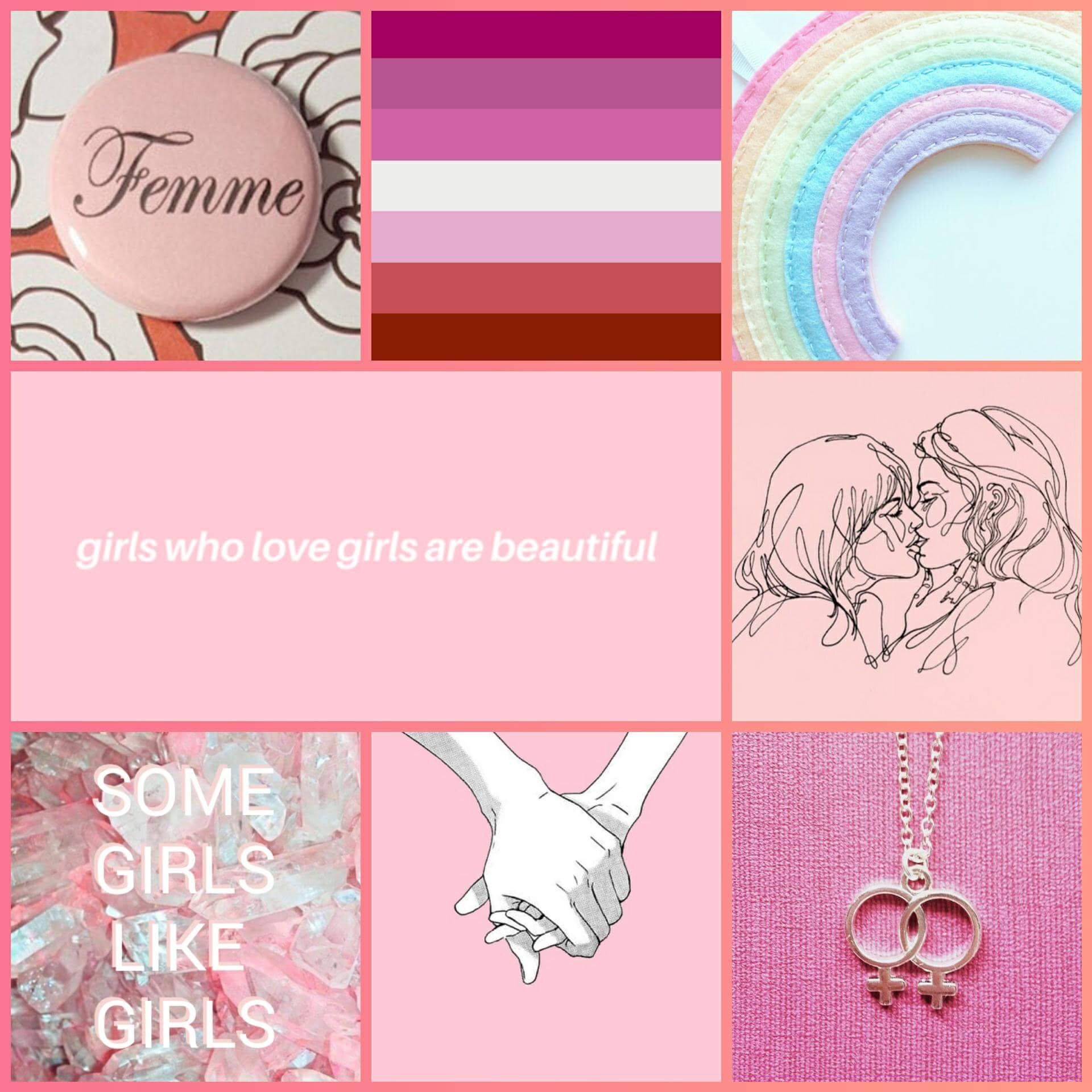 LGBT 桌布 壁紙 — 以粉紅色為主題的拼貼畫，慶祝酷兒女性氣質，包含徽章、藝術珠寶以及愛與團結的插圖。