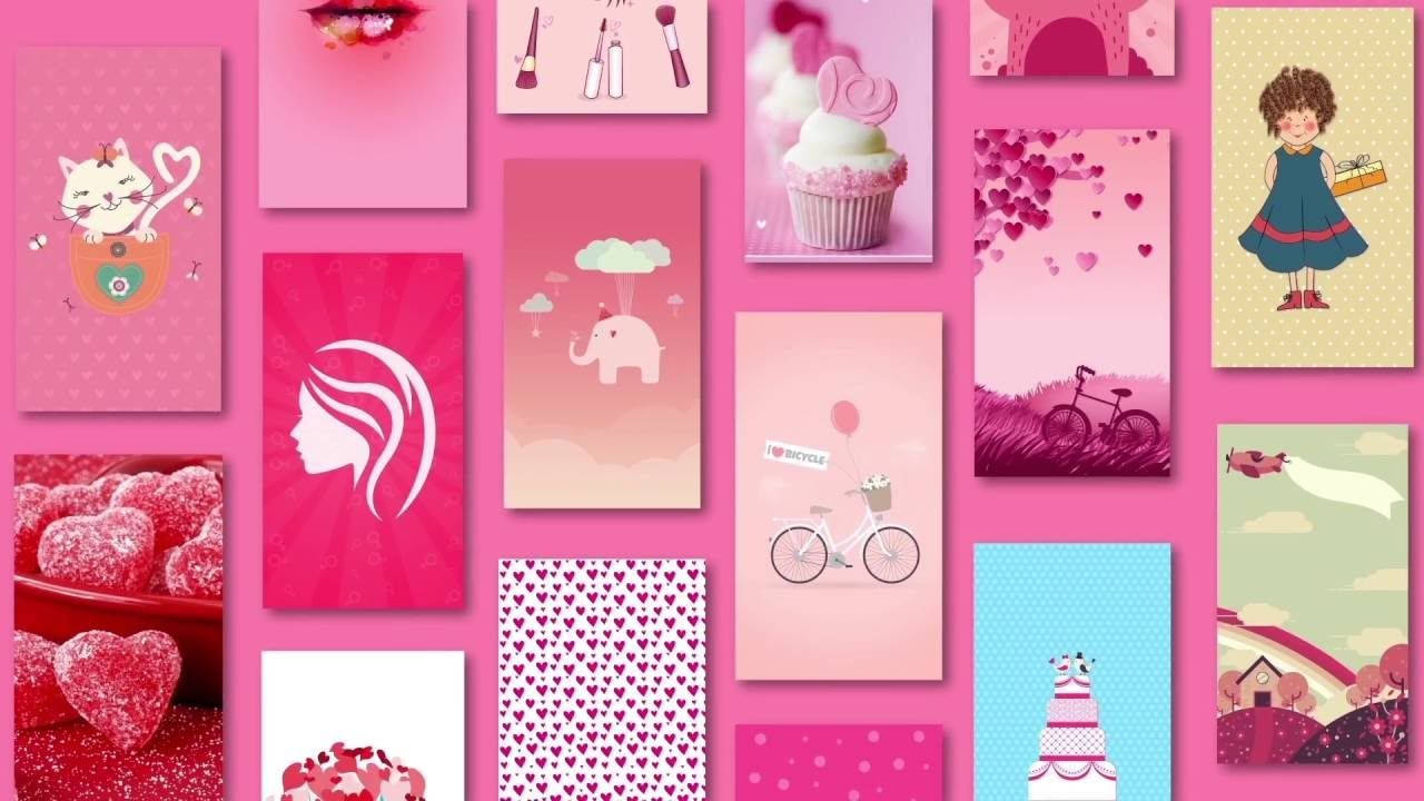 可愛女生 桌布 壁紙 — 以粉紅色為主題的插圖拼貼，包括杯子蛋糕、心形、腳踏車和卡通人物，背景為充滿活力的粉紅色。