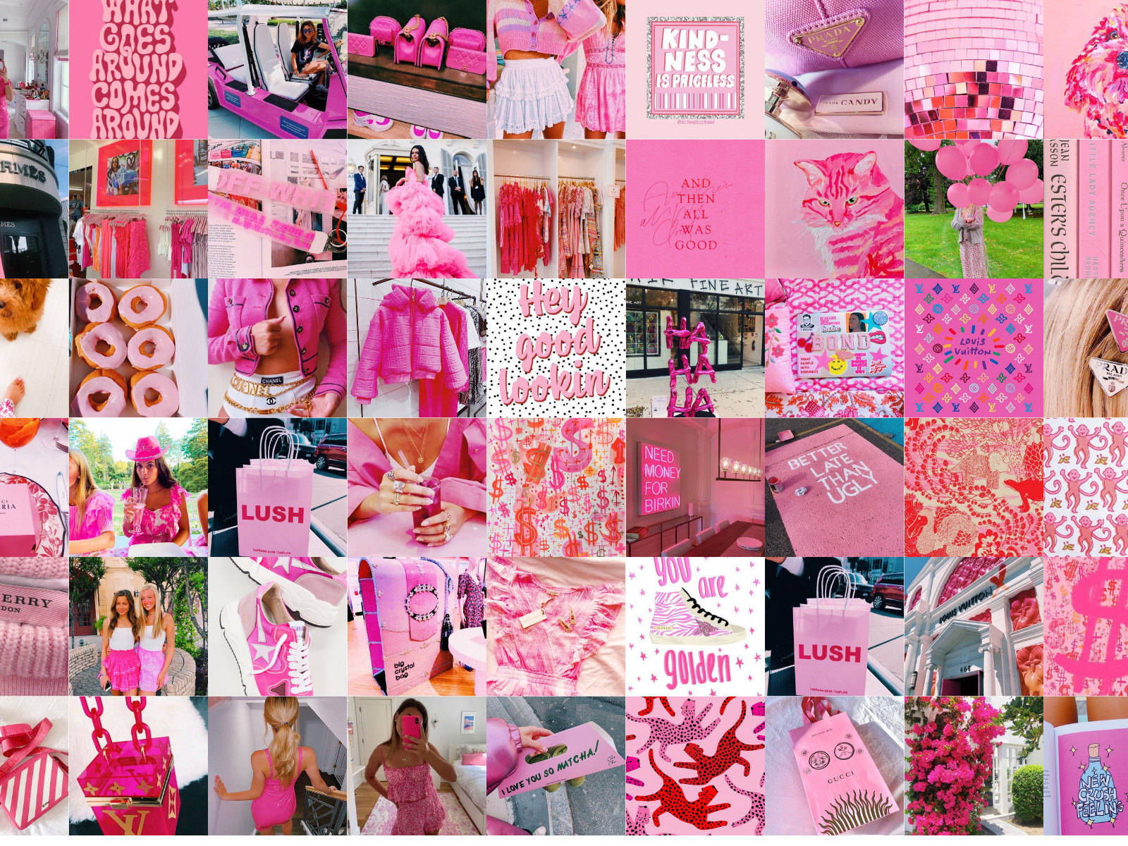 Aesthetic Collage 桌布 壁紙 — 以粉紅色為主題的時尚配件和生活用品（包括手提包、鞋子和服裝）的充滿活力的拼貼畫。