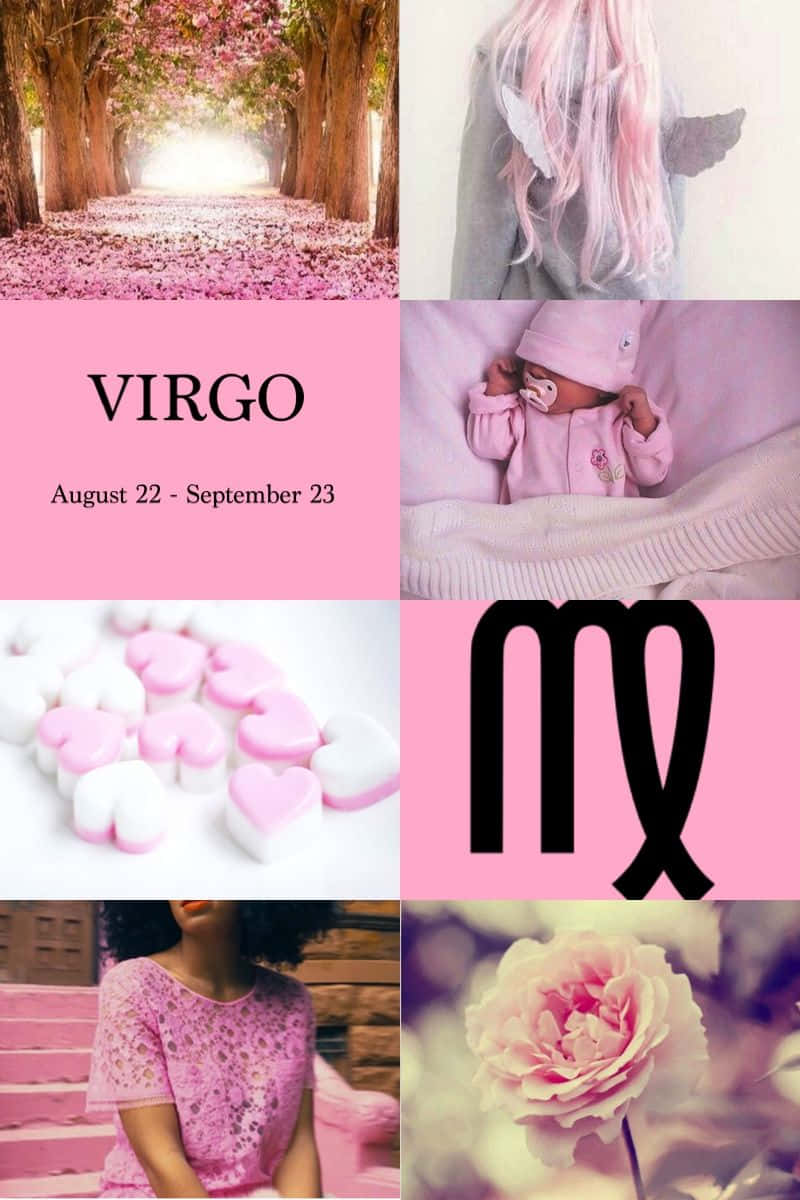 Virgo Aesthetic 桌布 壁紙 — 以粉紅色為主題的處女座拼貼畫，包含櫻花、嬰兒、心形糖果、女人和玫瑰。
