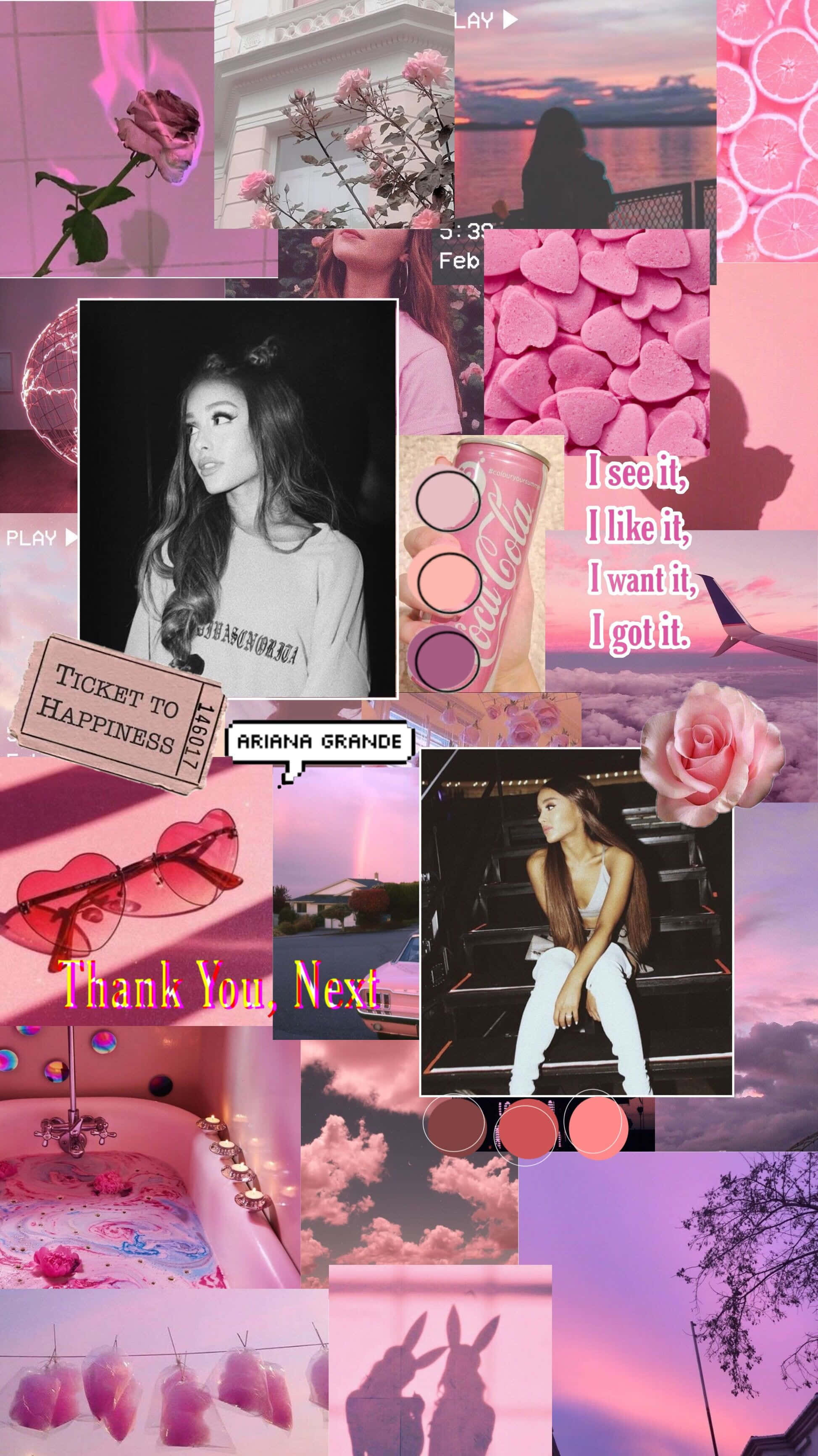Aesthetic Ariana Grande 桌布 壁紙 — 以粉紅色為主題的鮮豔拼貼畫， featuring Ariana Grande 照片、玫瑰、糖果心和夕陽天空，呈現夢幻美感。