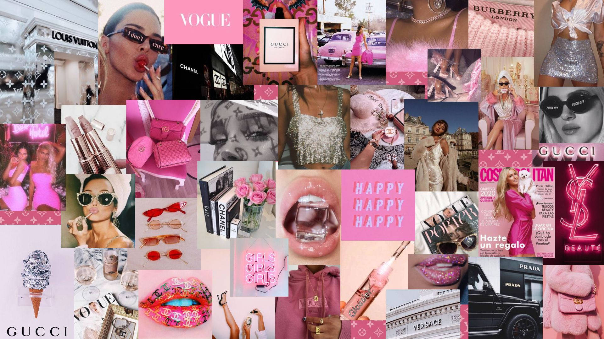girly pink aesthetic 桌布 壁紙 — 以粉紅色為主題的鮮豔拼貼畫，展示奢華時尚品牌、閃亮嘴唇、設計師手袋和城市環境中的迷人模特兒。