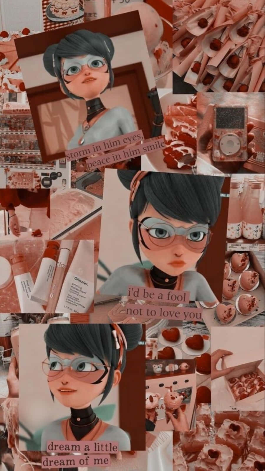 粉紅色調的拼貼畫，包含動漫角色 Ladybug、甜點、美容產品和復古科技。 — 瓢蟲少女 GIF 壁紙