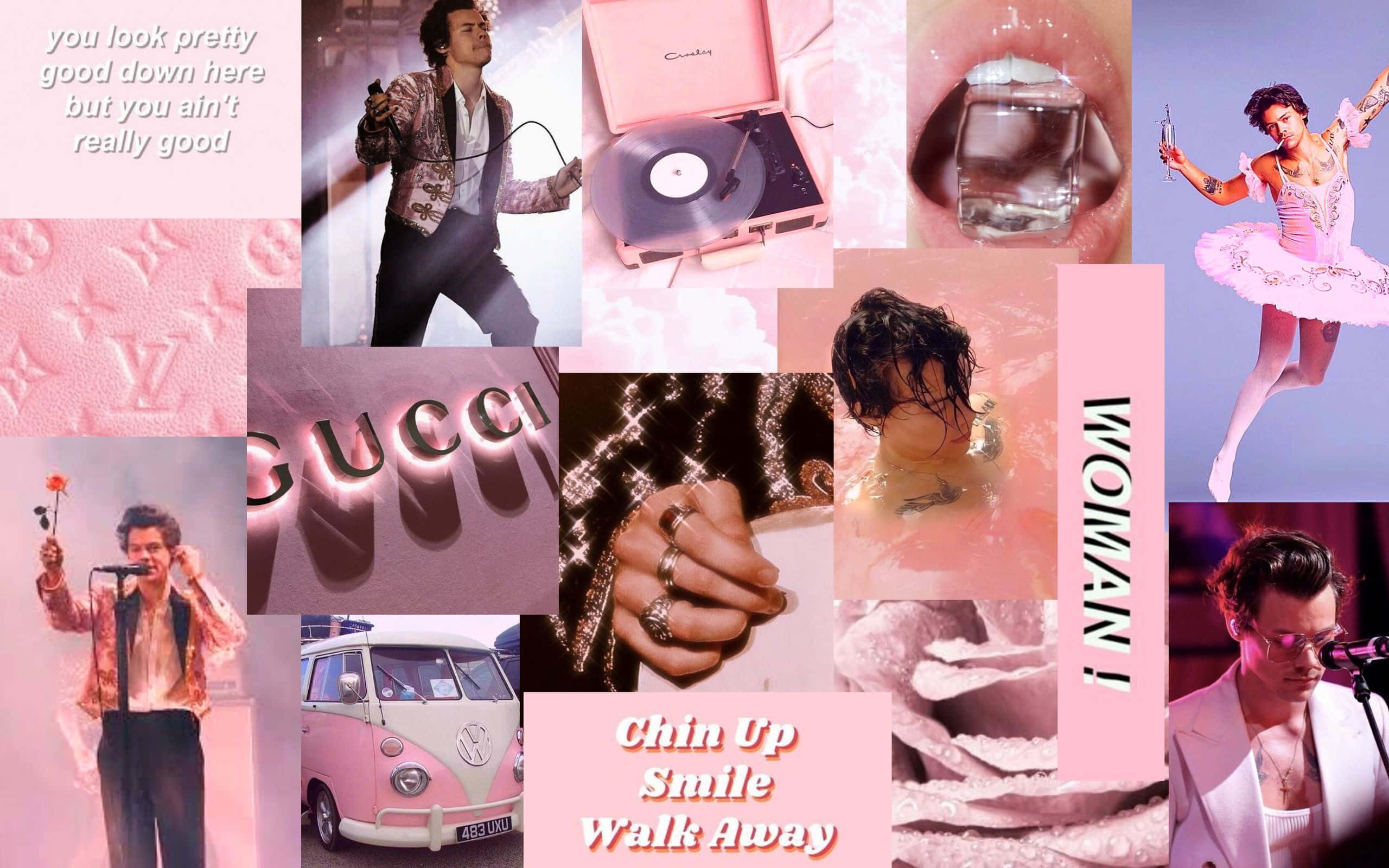 Harry Styles Laptop 桌布 壁紙 — 以粉紅色調為主的拼貼畫，展示哈利·史泰爾斯的多種華麗姿勢、奢侈品及時尚時刻。