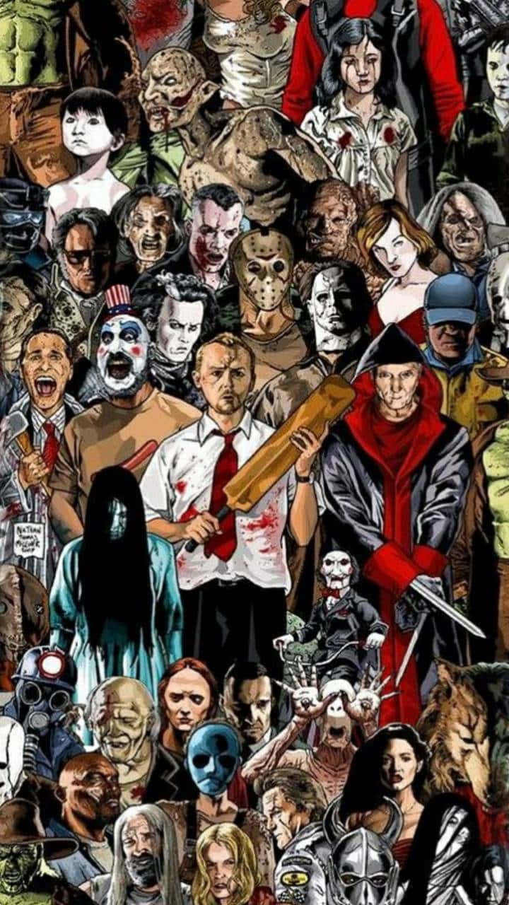 Monster Movies 桌布 壁紙 — 以粗糙漫畫風格密集拼貼經典恐怖電影反派與怪物。
