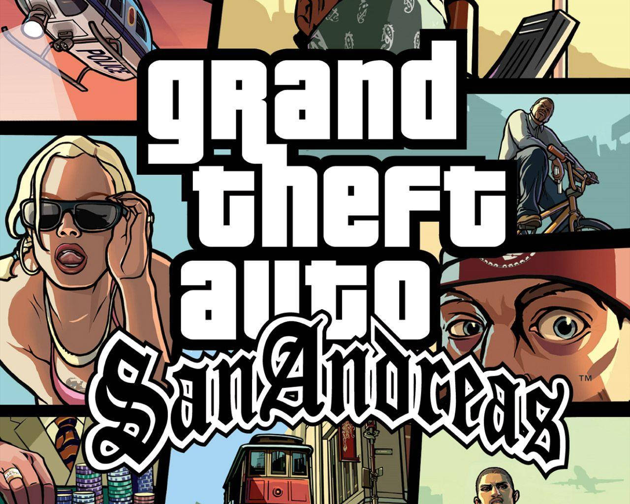 GTA 聖安地列斯 桌布 壁紙 — 以粗體文字呈現的《俠盜獵車手：聖安地列斯》角色與場景的鮮明漫畫風格拼貼畫。