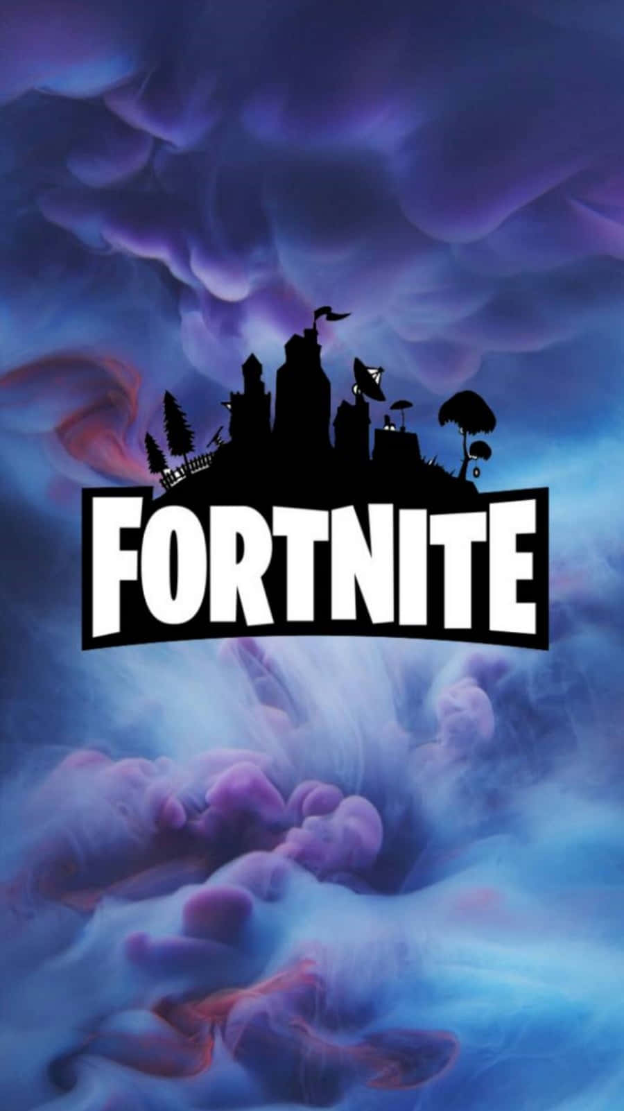 桌布 壁紙 — 以粗體白色字母呈現的 Fortnite 標誌，背景為旋轉的紫色和藍色雲層，並有城堡的黑色剪影。