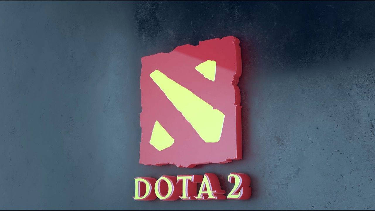 電玩遊戲 桌布 壁紙 — 以粗體紅色和黃色3D字母製作的Dota 2標誌，安裝在帶有戲劇性照明的深色紋理牆上。