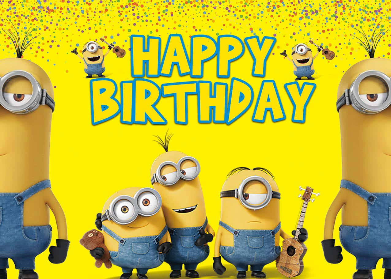 Minion 桌布 壁紙 — 以粗體藍色字體寫成的生日快樂文字，周圍是快樂的黃色小小兵在明亮的黃色背景上彈奏烏克麗麗，並有色彩繽紛的紙屑。