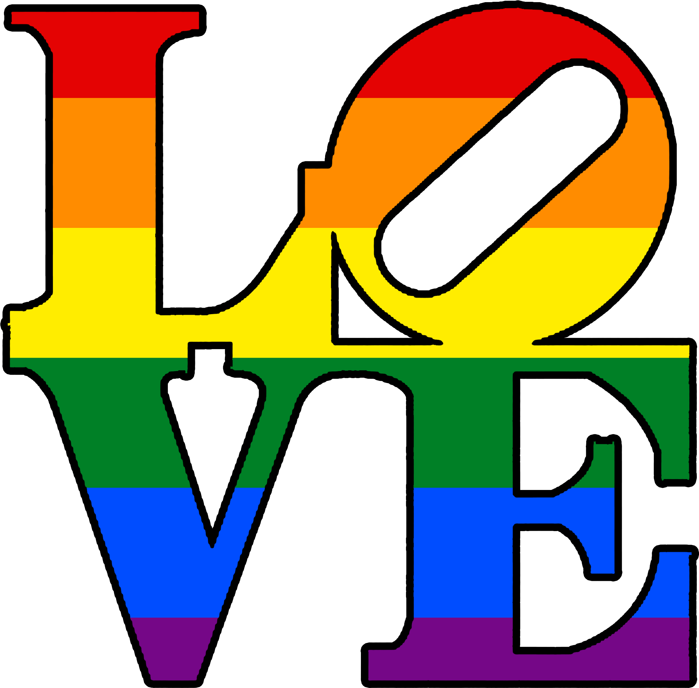 LGBT 桌布 壁紙 — 以粗體黑色字母組成的「LOVE」一詞，填滿代表 LGBTQ+ 驕傲的彩虹條紋。